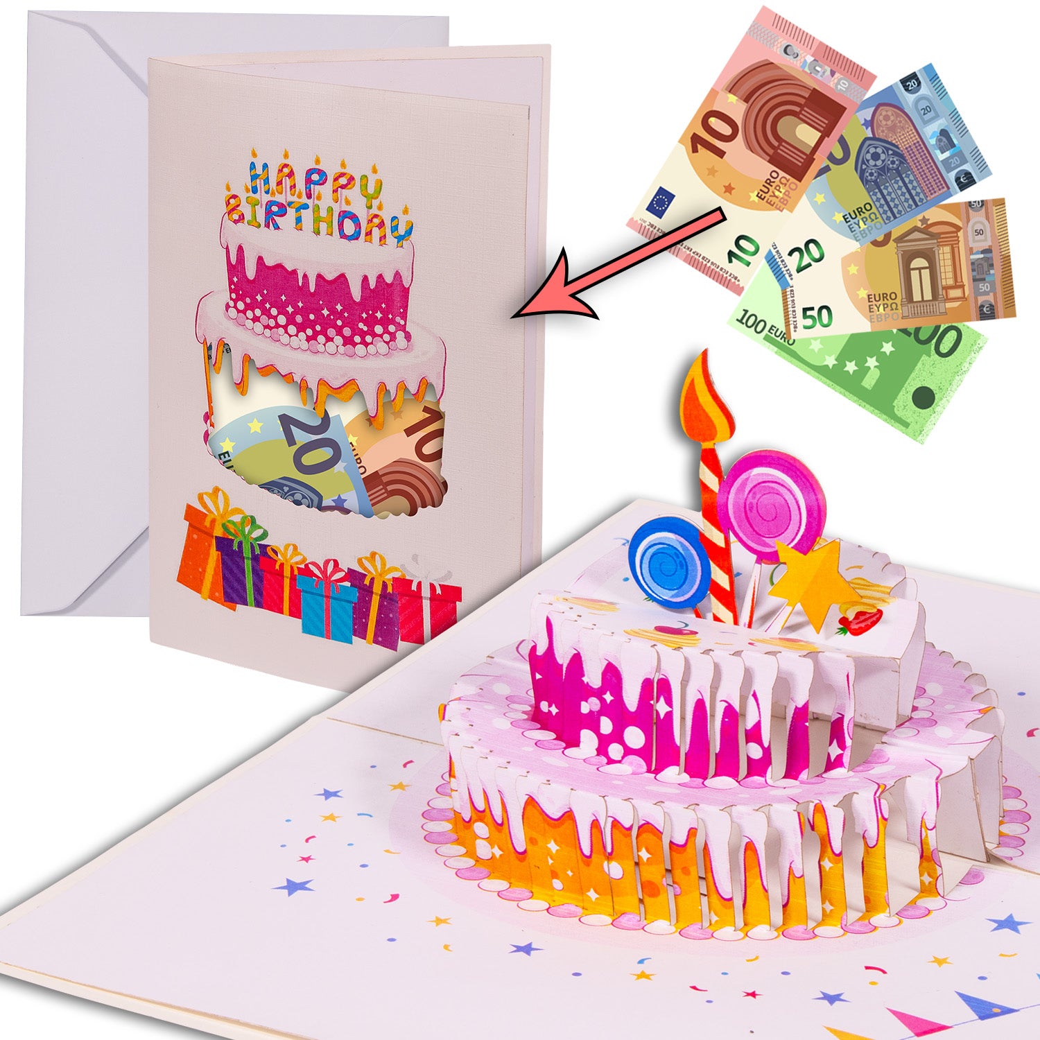 3D Pop - Up Karte mit Geldfach - Verpackung Geldgeschenk, Geburtstagskarte, Torte, N73