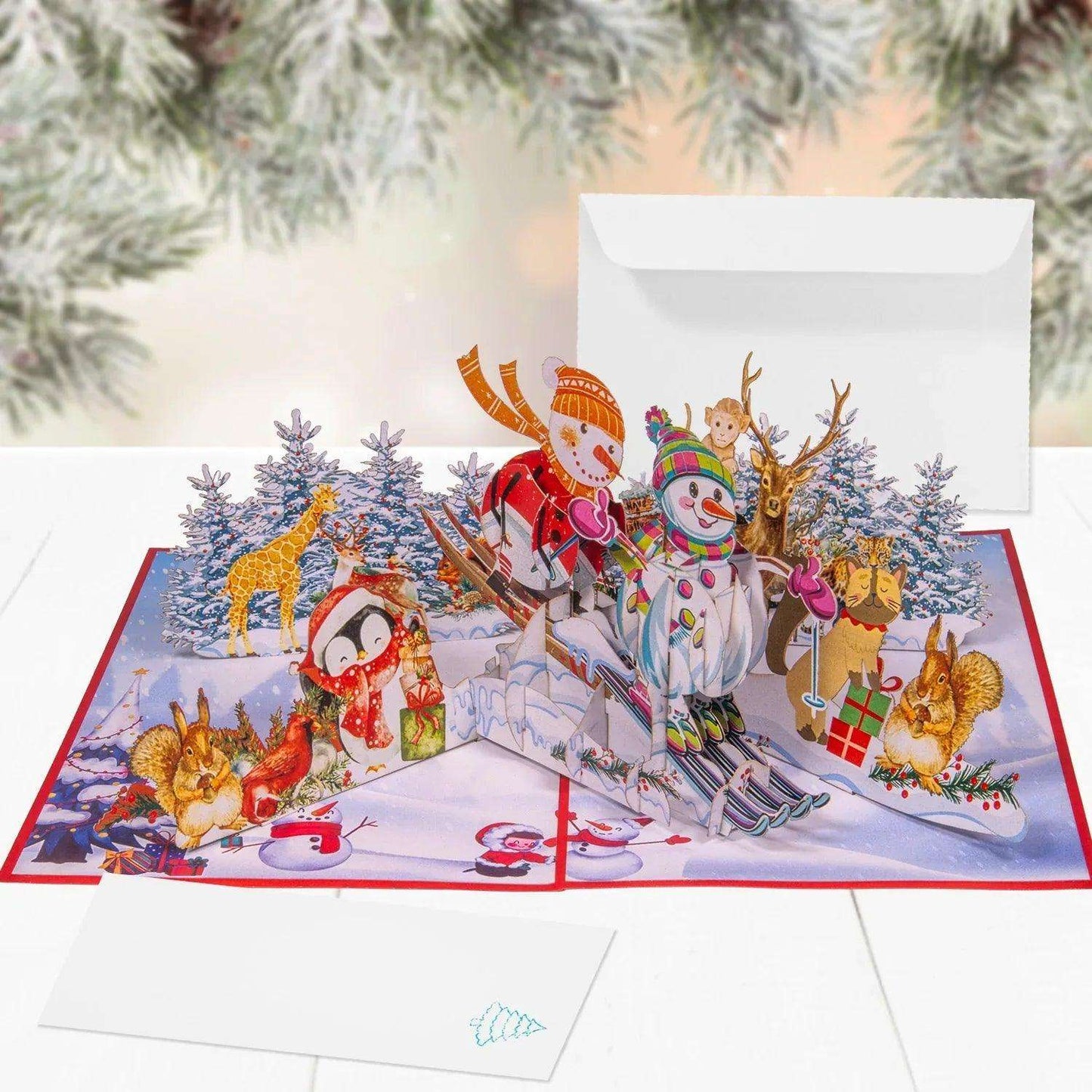 Pop Up Weihnachtskarte 3D - Schneemann auf Ski & Wintersport Szene, N464 - LINPopUp