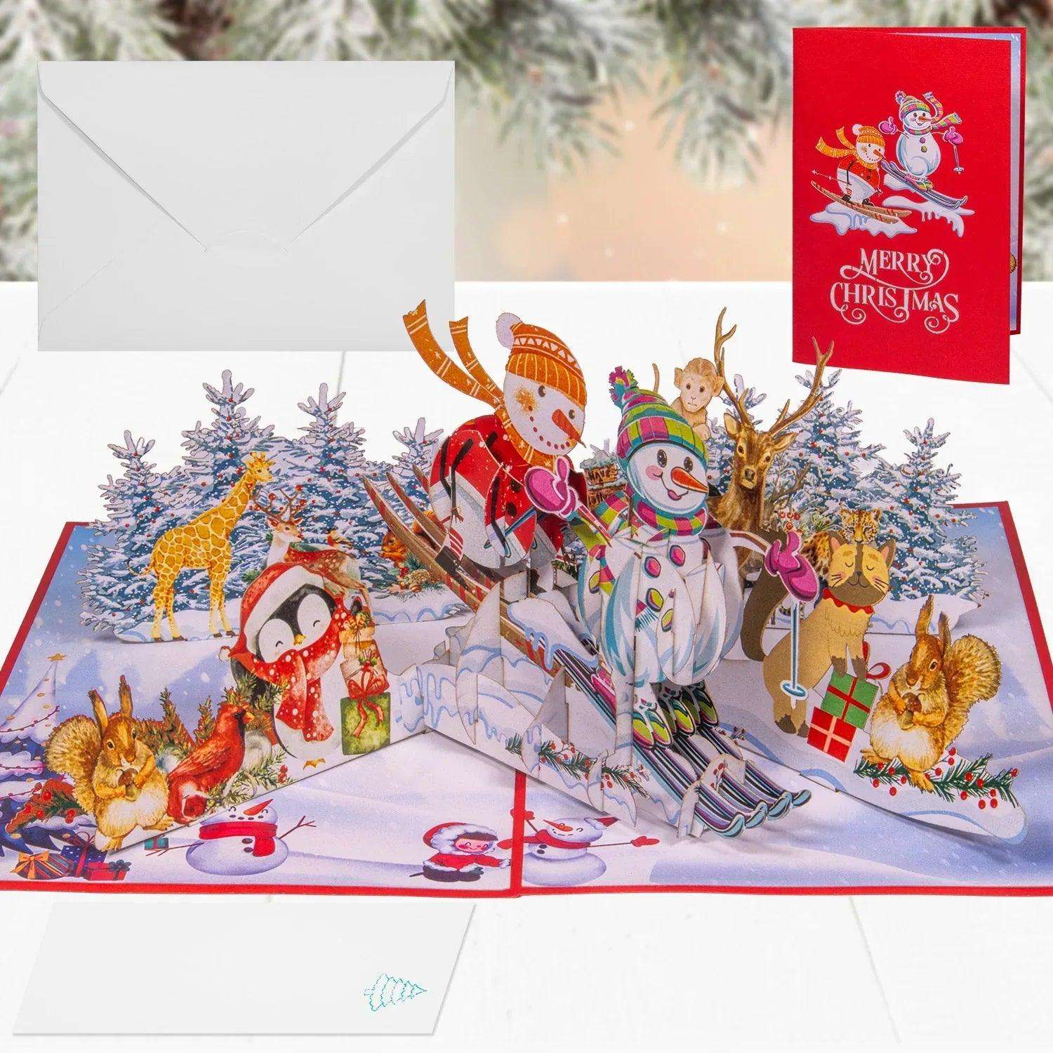Pop Up Weihnachtskarte 3D - Schneemann auf Ski & Wintersport Szene, N464 - LINPopUp