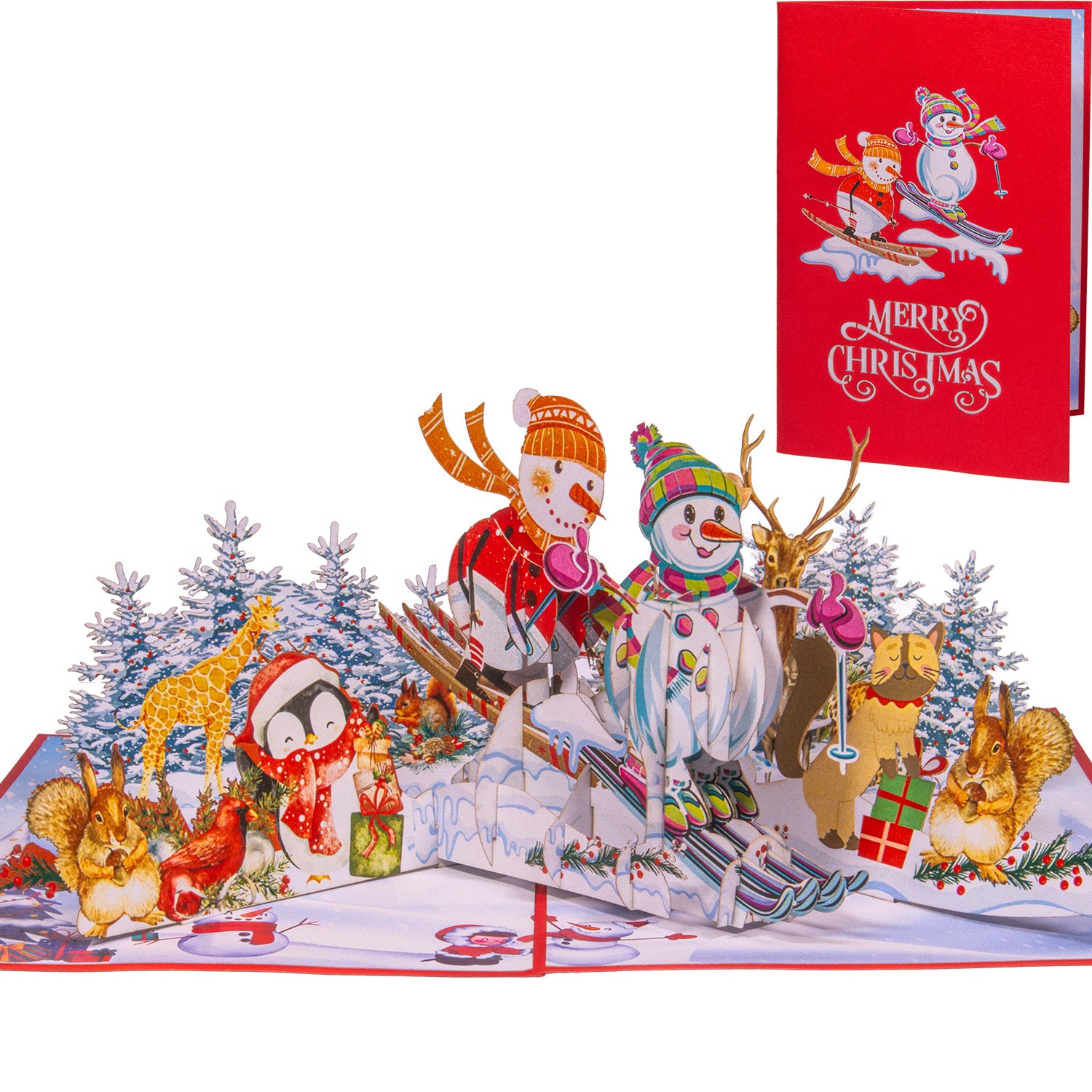 Pop Up Weihnachtskarte 3D - Schneemann auf Ski & Wintersport Szene, N464