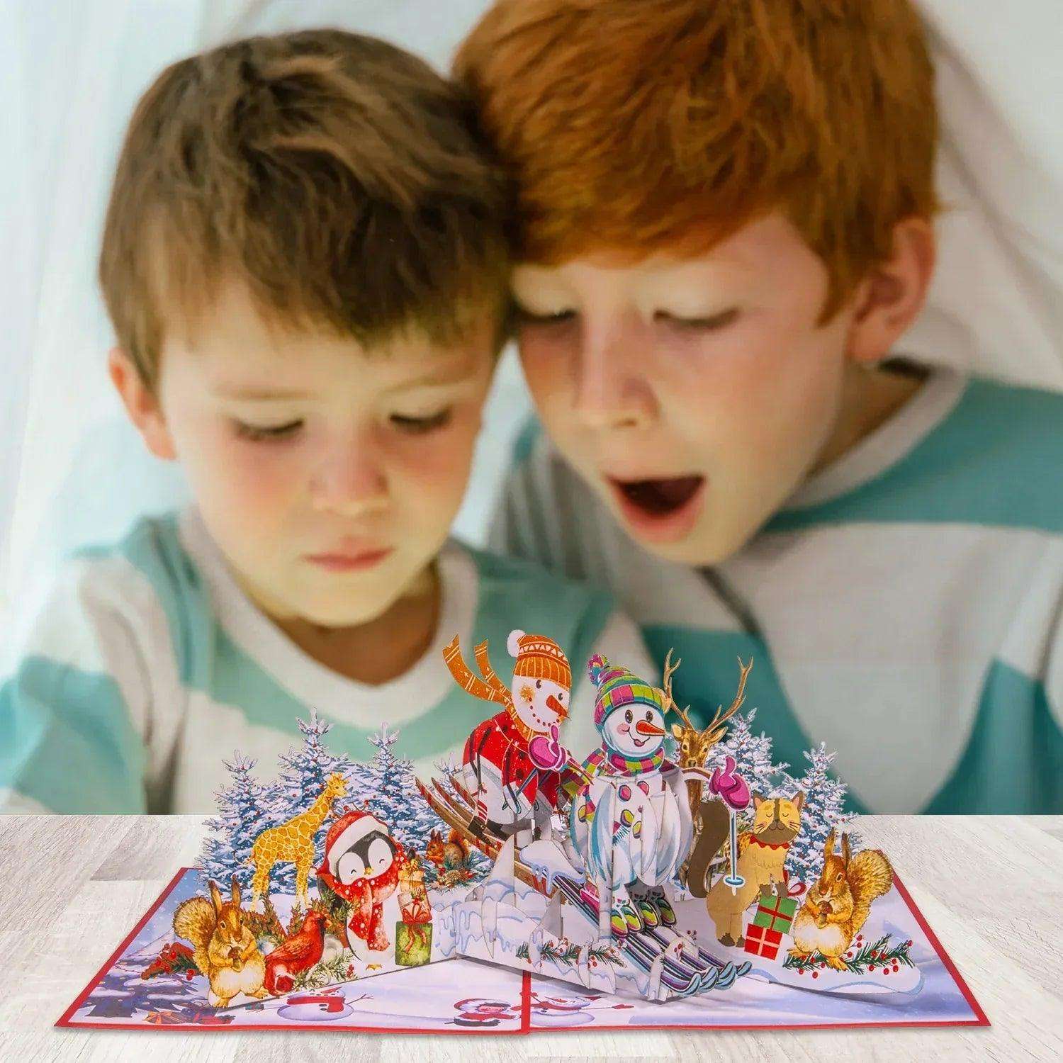 Pop Up Weihnachtskarte 3D - Schneemann auf Ski & Wintersport Szene, N464 - LINPopUp