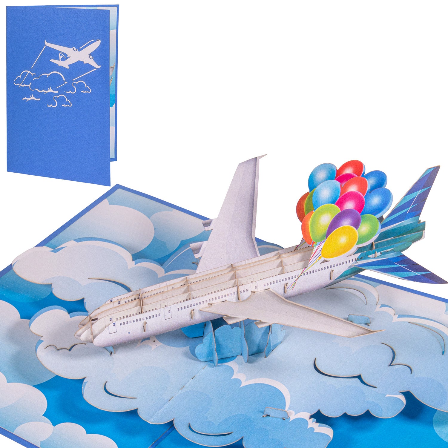 3D Pop Up Karte Flugzeug mit Luftballons