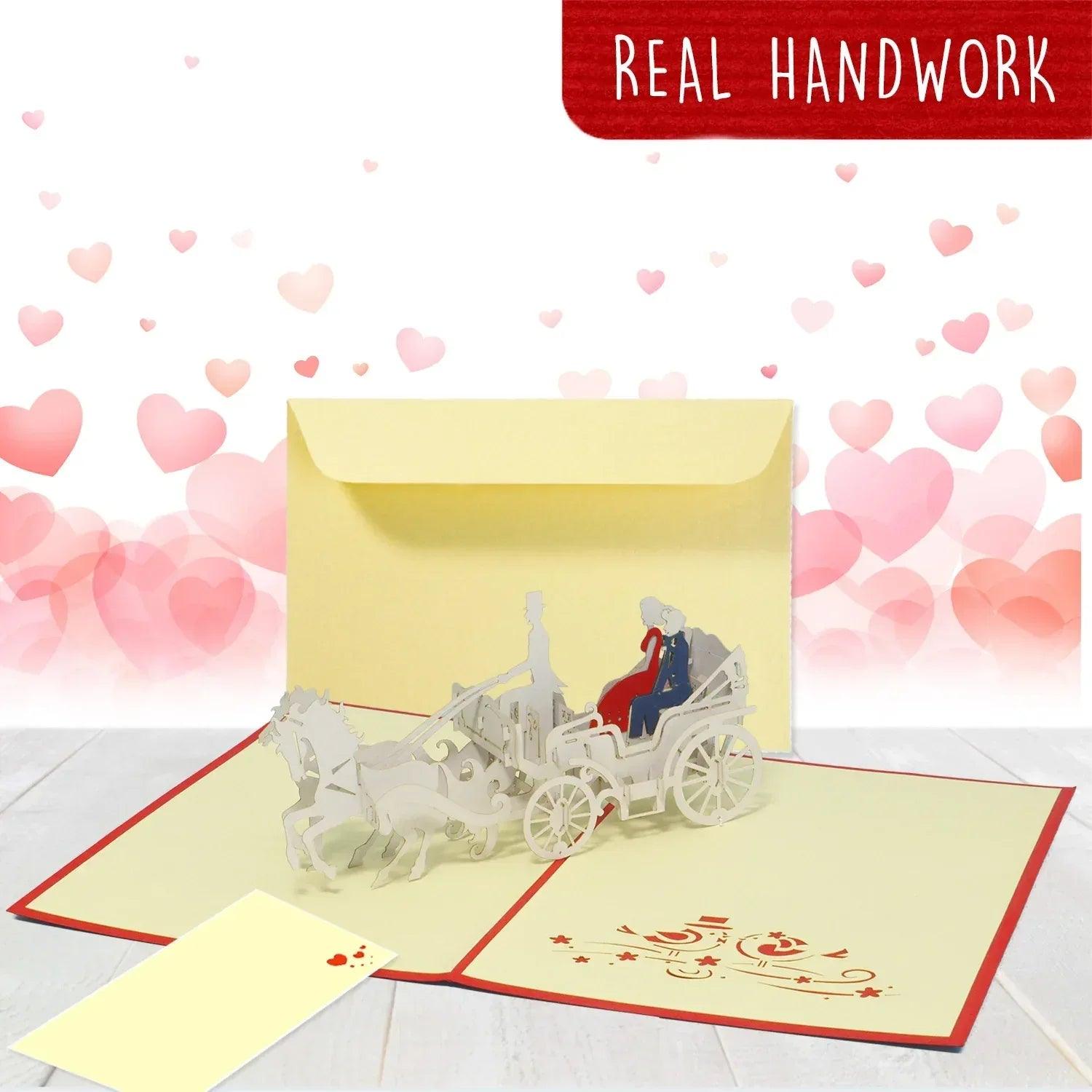 Hochzeitskarte Pop Up 3D - Glückwunschkarte zur Hochzeit, Brautpaar Kutsche, N84 - LINPopUp