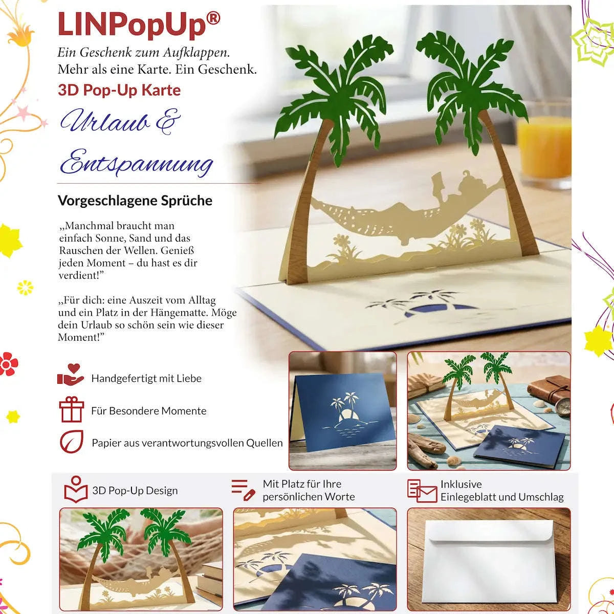 3D Pop-Up Karte Hängematte Strand Insel - Frau genießt Urlaub & Entspannung, N121 LINPopUp N121