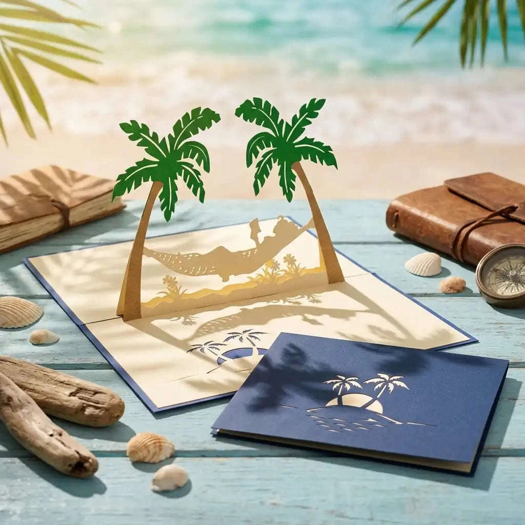 3D Pop-Up Karte Hängematte Strand Insel - Frau genießt Urlaub & Entspannung, N121 LINPopUp N121