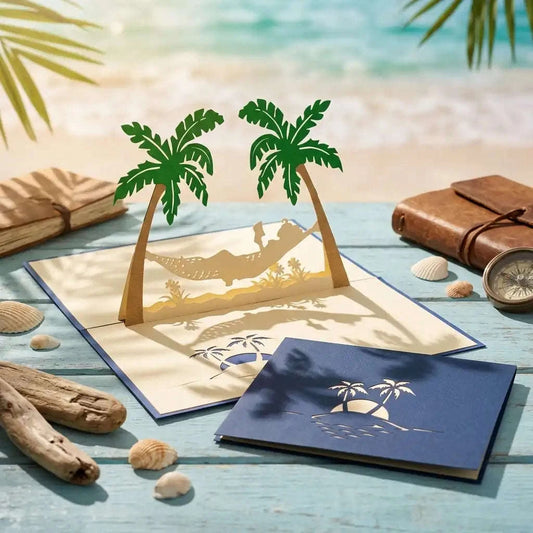 3D Pop-Up Karte Hängematte Strand Insel - Frau genießt Urlaub & Entspannung, N121 LINPopUp N121