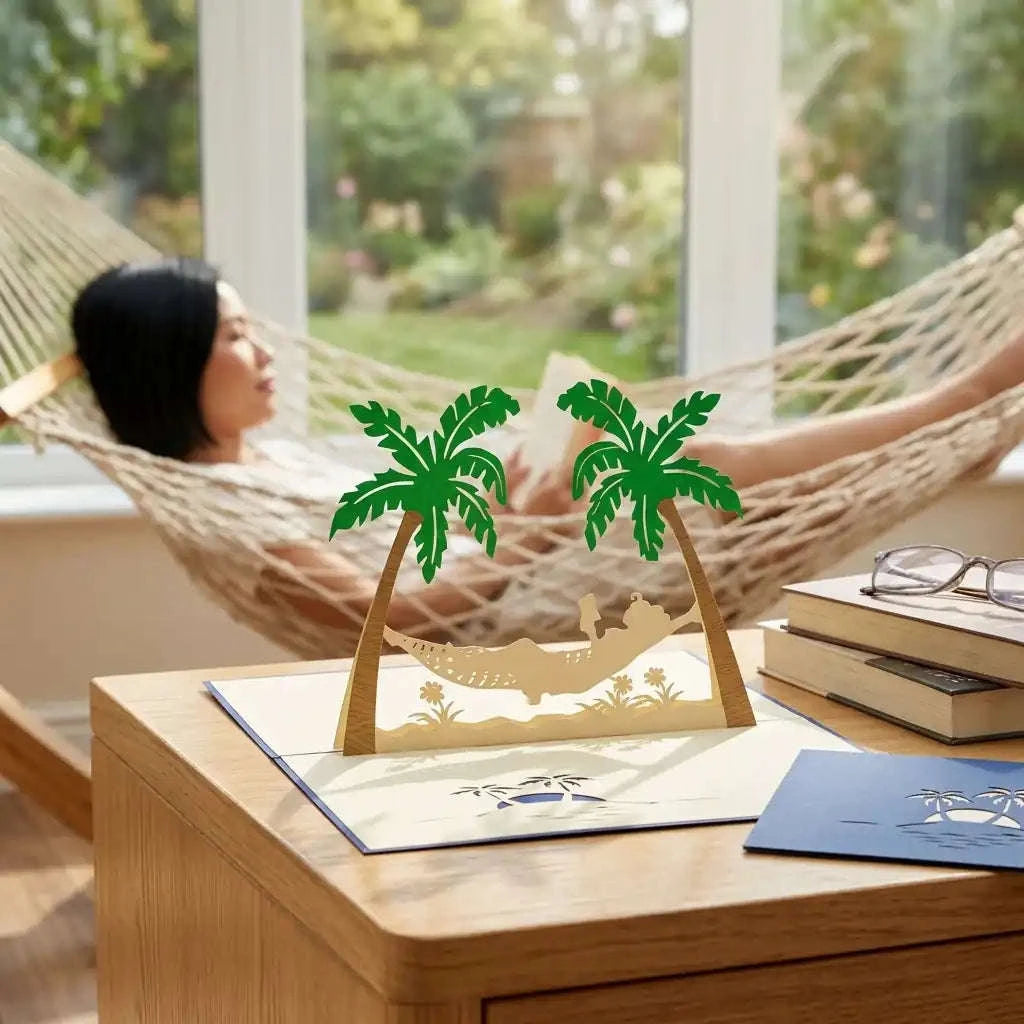 3D Pop-Up Karte Hängematte Strand Insel - Frau genießt Urlaub & Entspannung, N121 LINPopUp N121