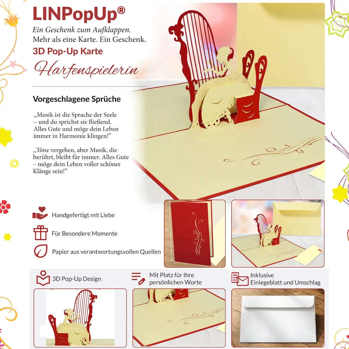 3D Pop-Up Karte Harfe Harfenspielerin, N124 LINPopUp N124