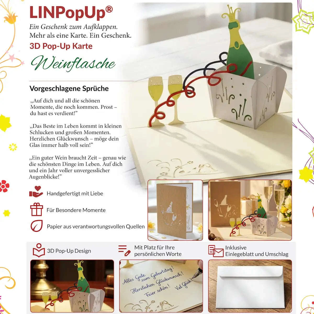 3D Pop-Up Karte Wein Champagner - Stilvolle Geschenkkarte für Geburtstag & Feiern, N133 LINPopUp N133