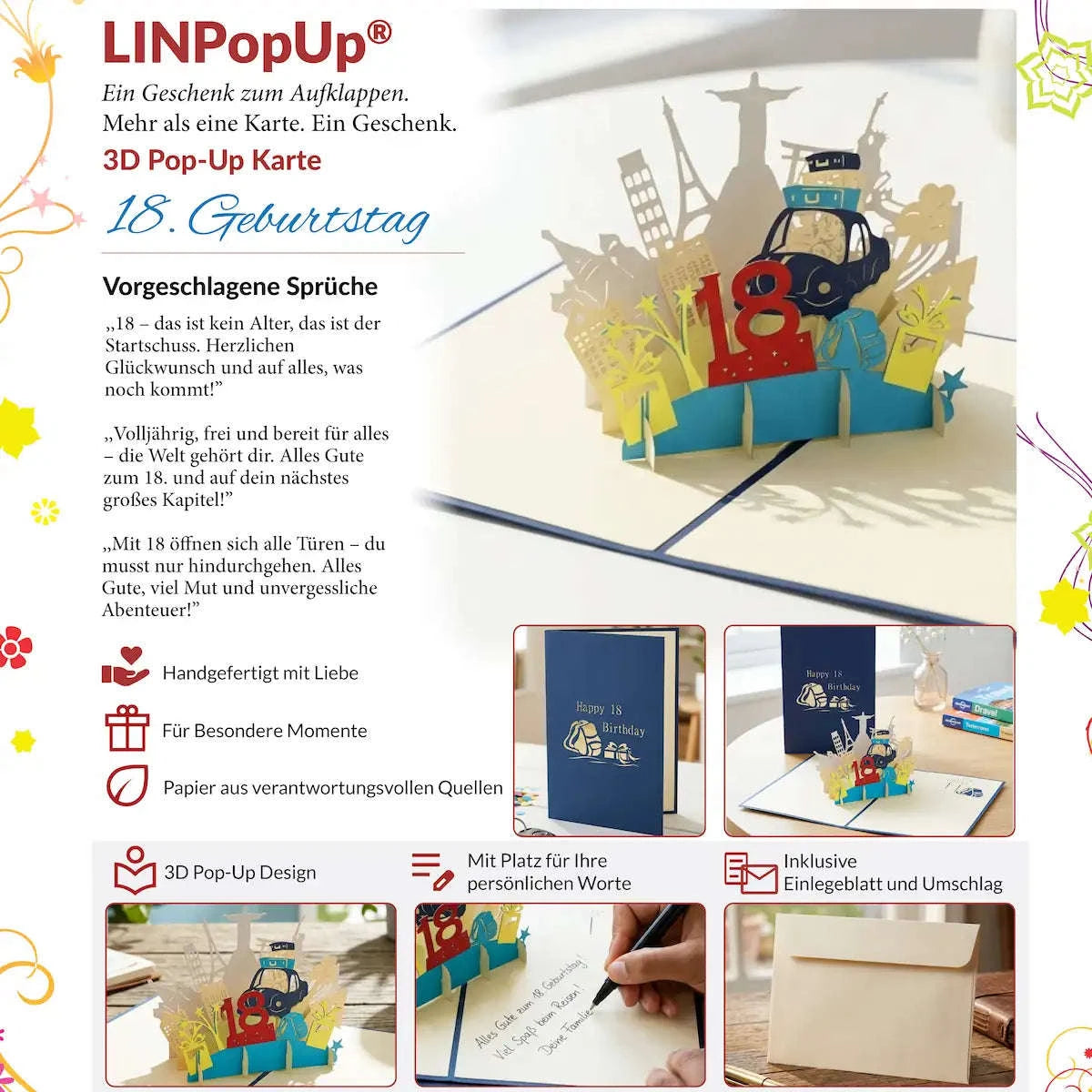 Pop Up Karte 3D Zahl 18 Freiheit Blau – 18. Geburtstag Geschenk für Jungs | LINPopUp LINPopUp 17257-N16