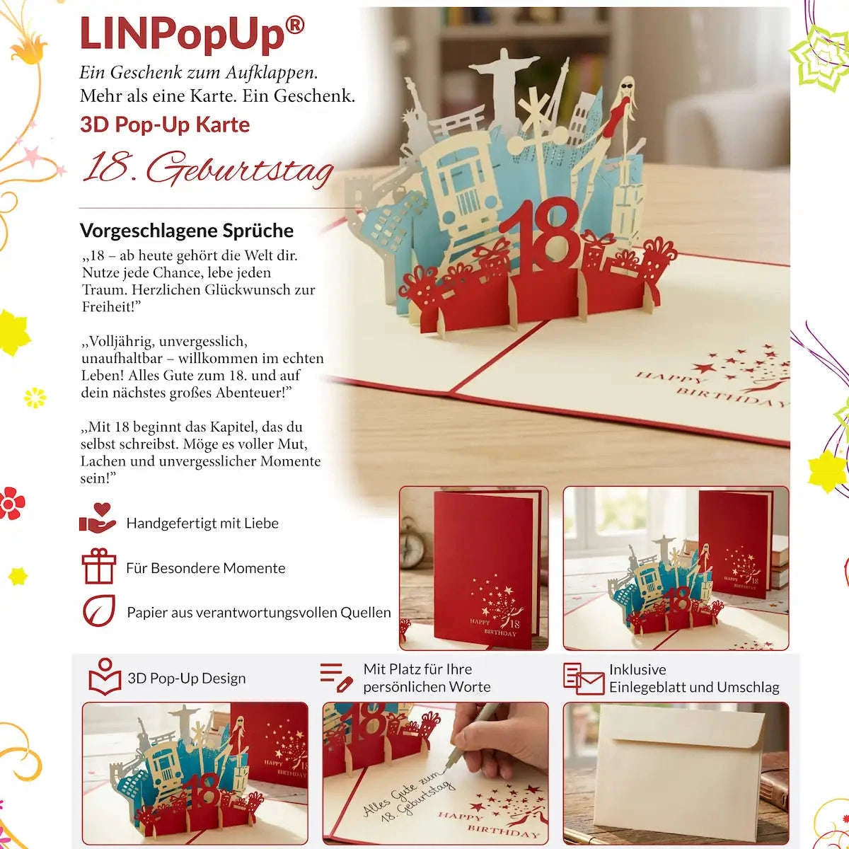 3D Pop-Up Karte 18. Geburtstag Freiheit Rot, N17 LINPopUp N17