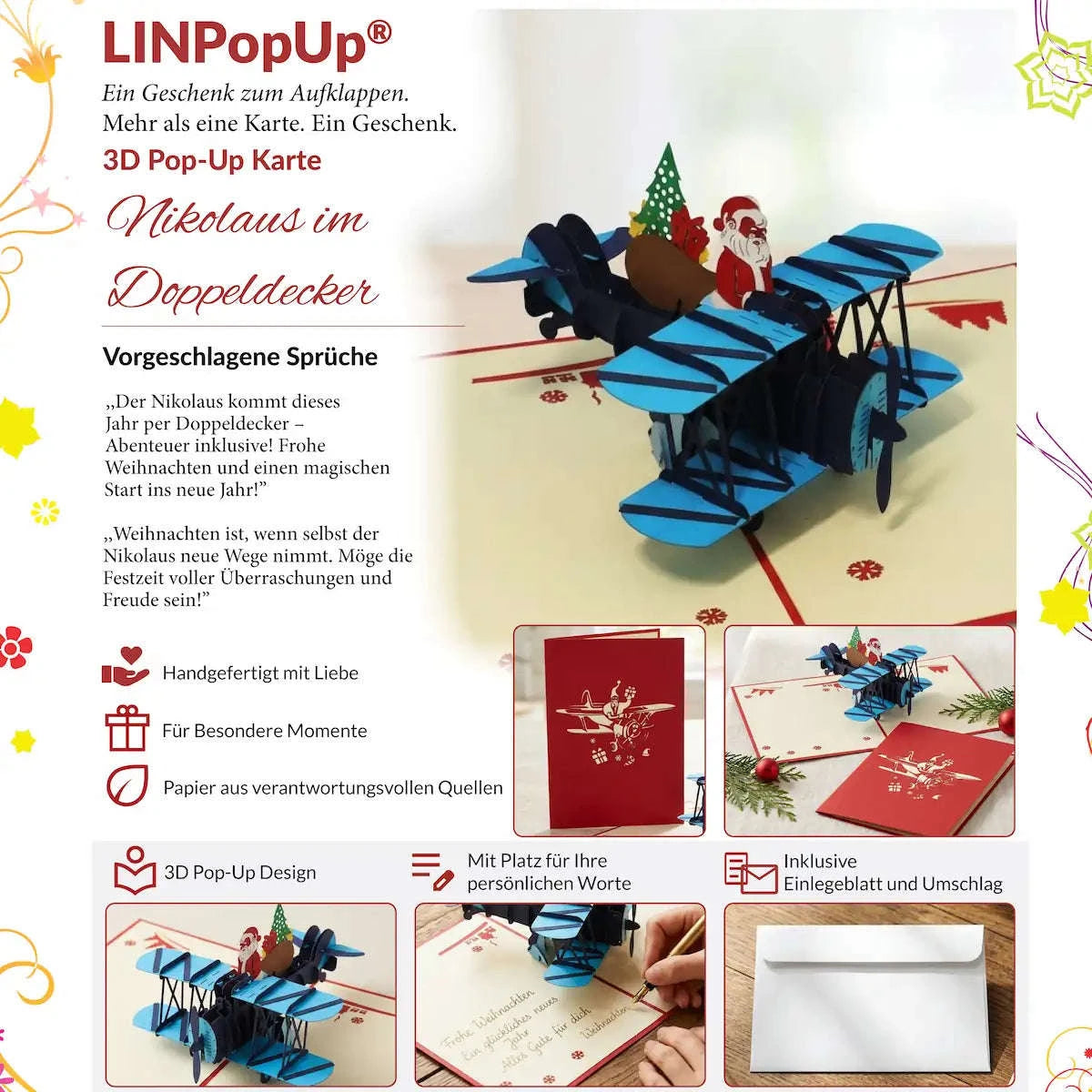Pop Up Karte 3D Nikolaus im Doppeldecker – Weihnachtskarte mit Wow-Effekt | LINPopUp LINPopUp 17660-N455