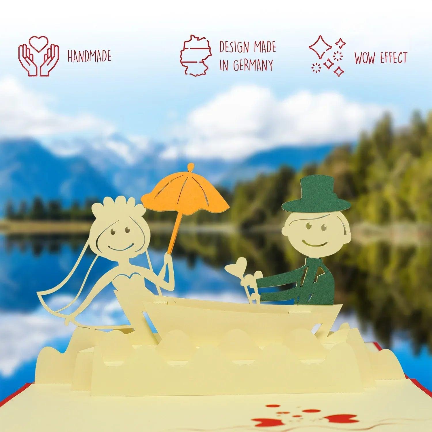 Hochzeitskarte Pop Up 3D - Glückwunschkarte zur Hochzeit,Brautpaar im Boot, N71 - LINPopUp