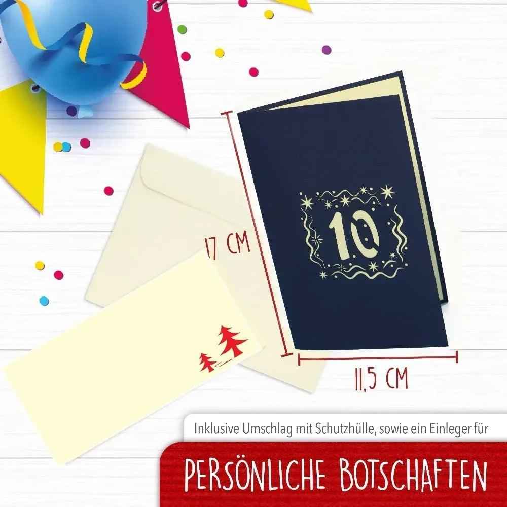 Pop-Up-Karte zum Geburtstag – Zahl 10, Geburtstagseinladung & Jubiläum, N395