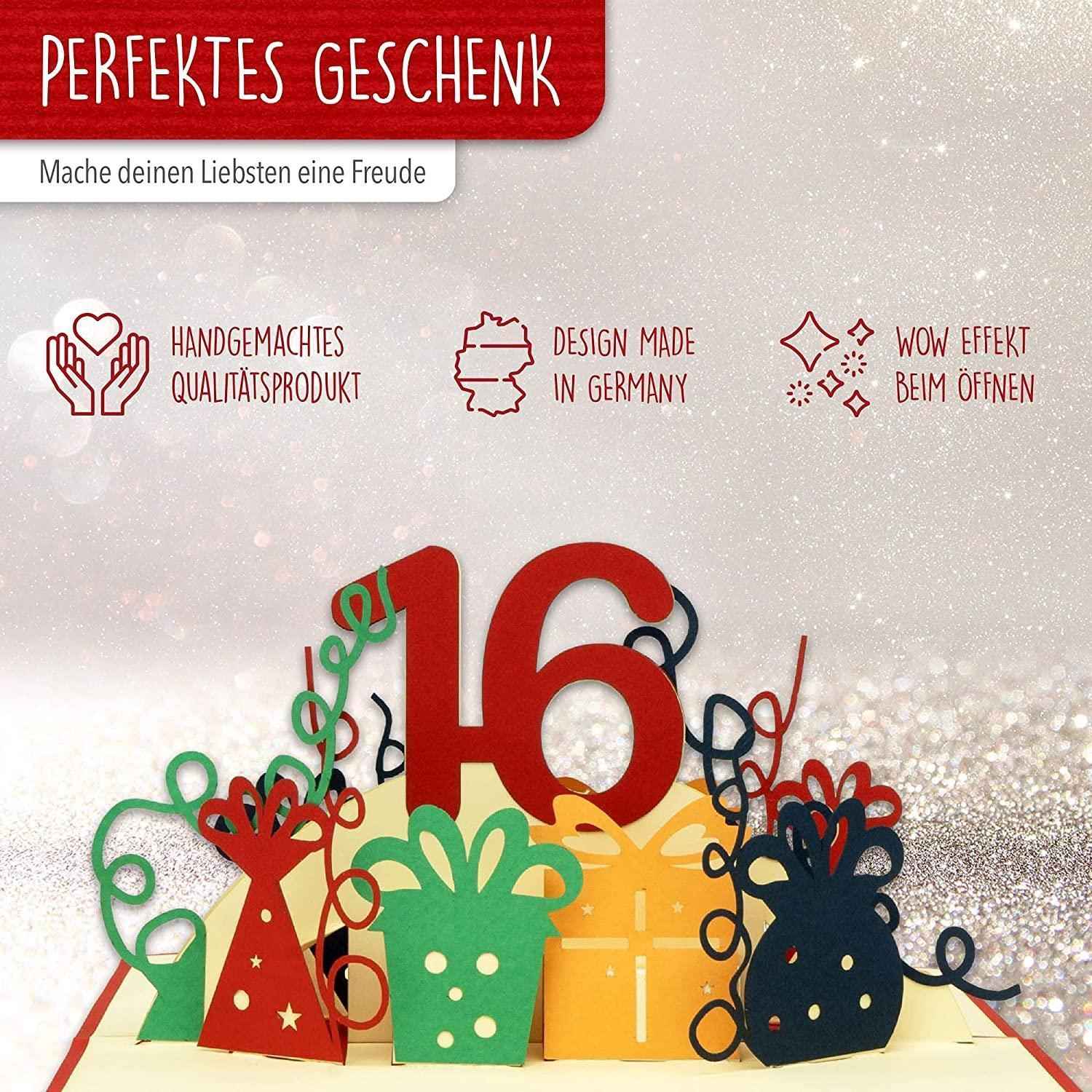 Pop-Up-Karte zum Geburtstag – Zahl 16, Geburtstagseinladung & Jubiläum, N365