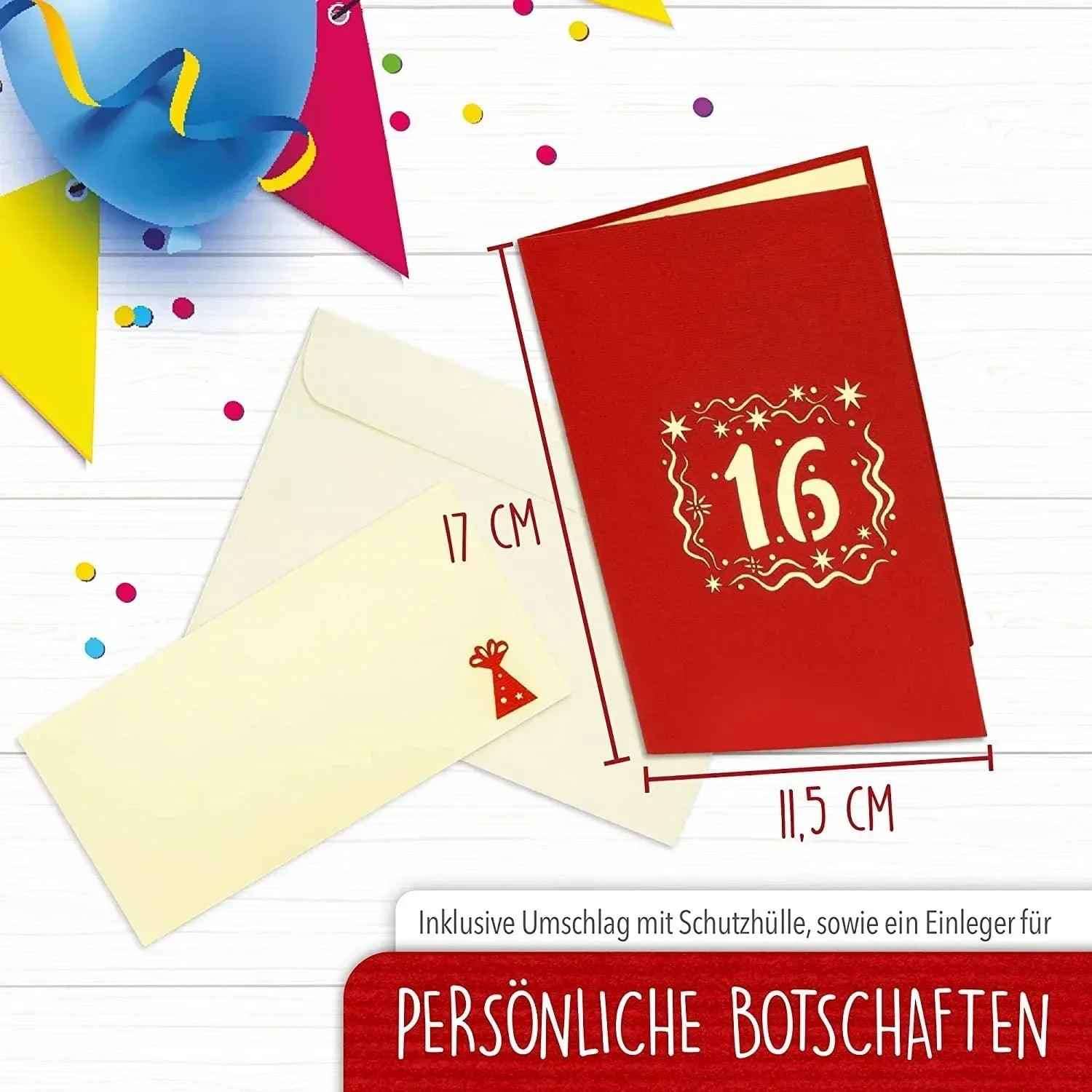 Pop-Up-Karte zum Geburtstag – Zahl 16, Geburtstagseinladung & Jubiläum, N365 LINPopUp N365