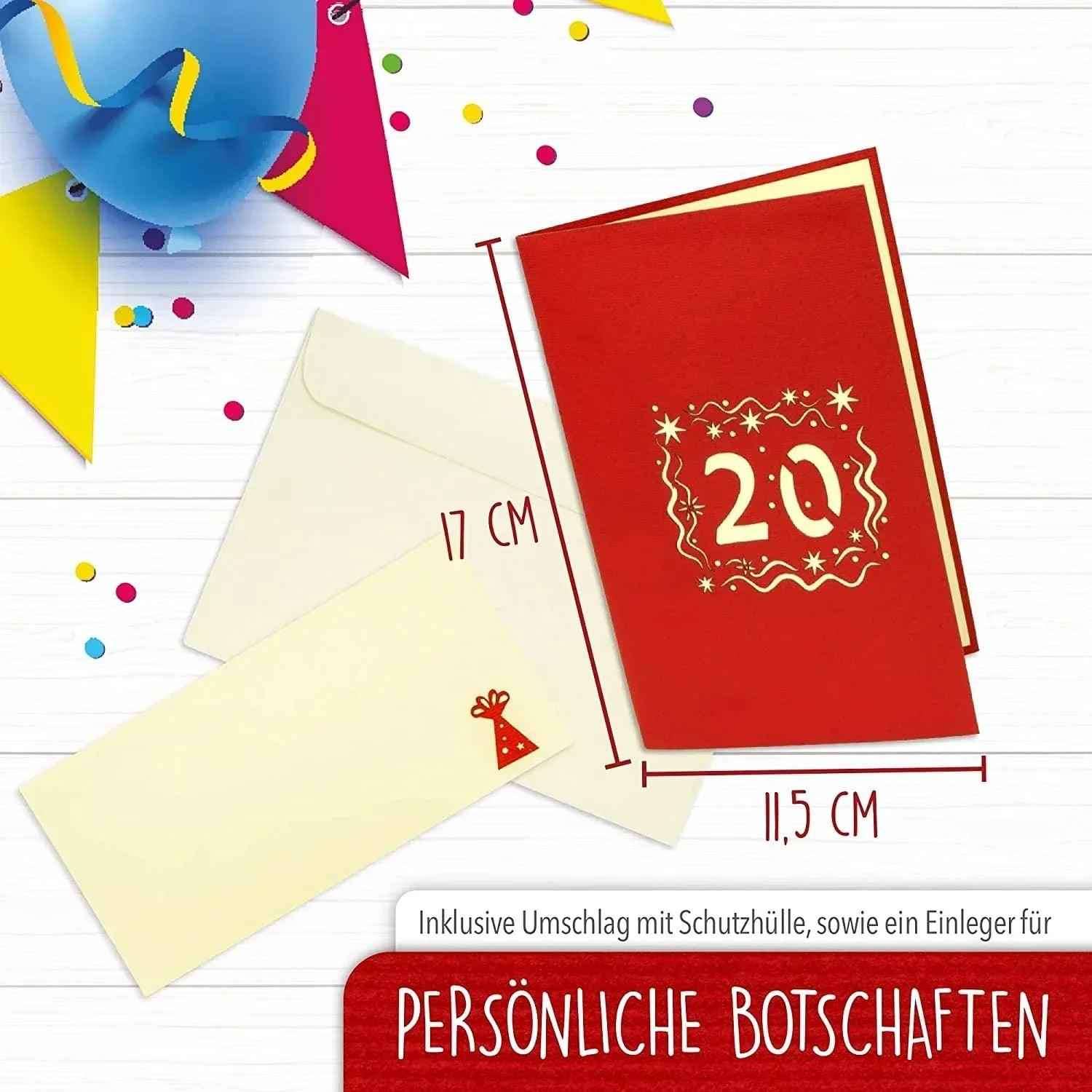 Pop-Up-Karte zum Geburtstag – Zahl 20, Geburtstagseinladung & Jubiläum, N285