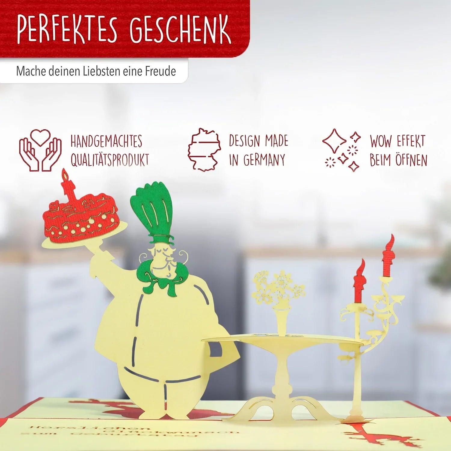 Pop-Up 3D Karte Koch - Lustige Geburtstagskarte mit Kerzen & Tischszene, N12 - LINPopUp