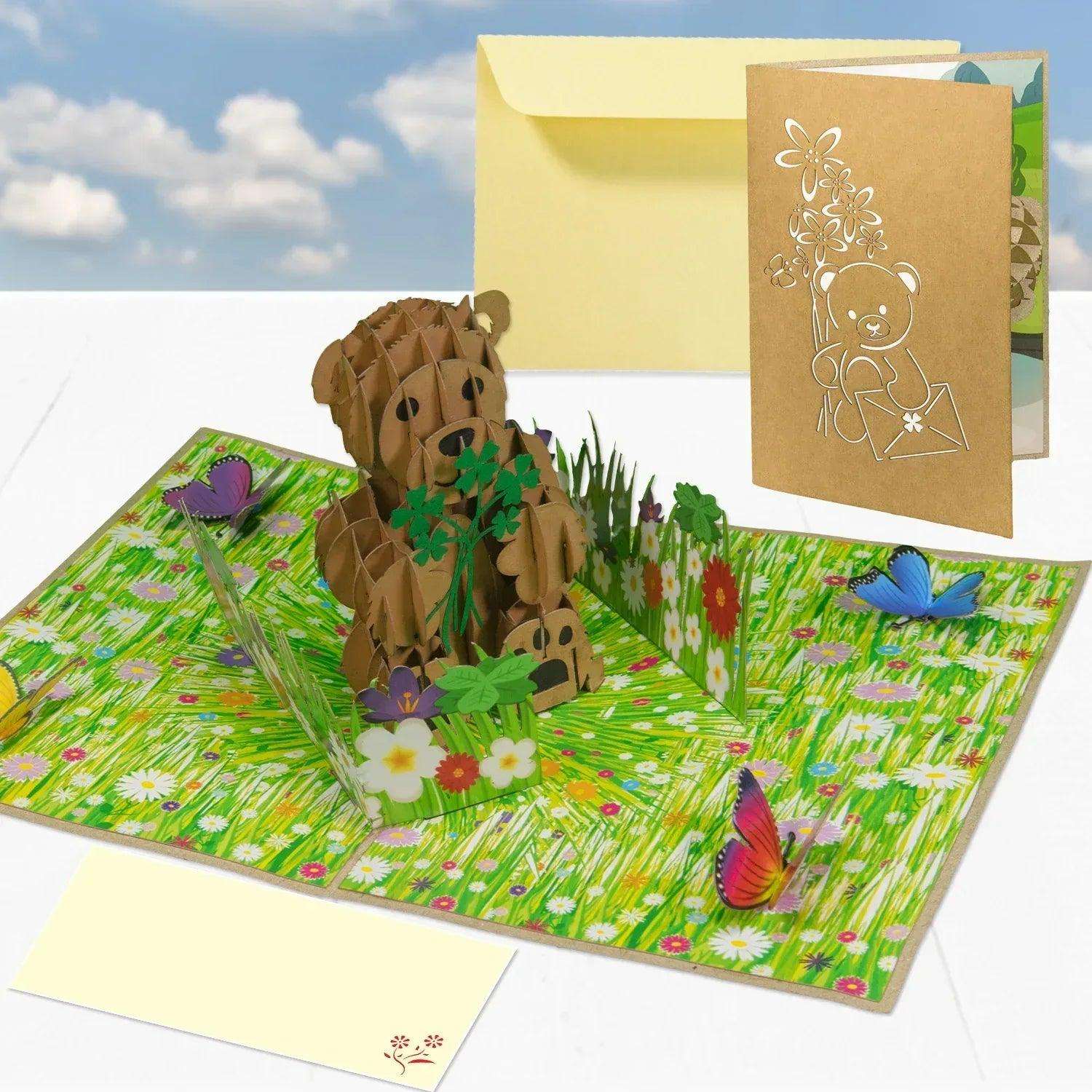 3D Pop-Up Karte Bär auf der Blumenwiese, N10 - LINPopUp