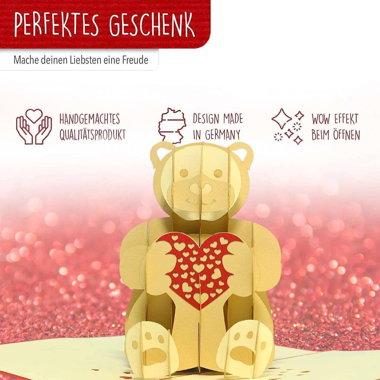 Pop-Up Karte Bär - 3D Valentinskarte Herz, Liebe, N318 - LINPopUp