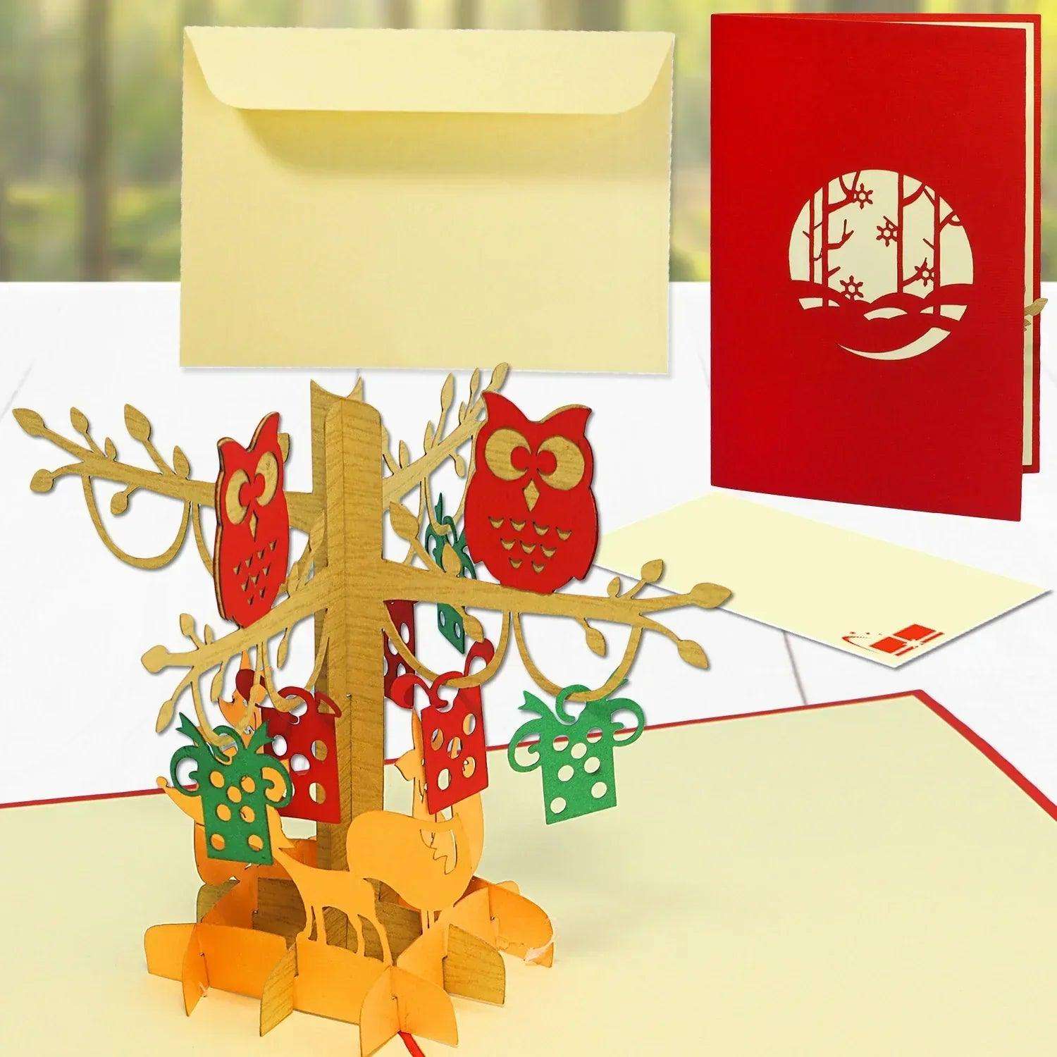 Pop-Up Karte Eulen Füchse - 3D Waldtiere Geburtstagskarte, N298 - LINPopUp