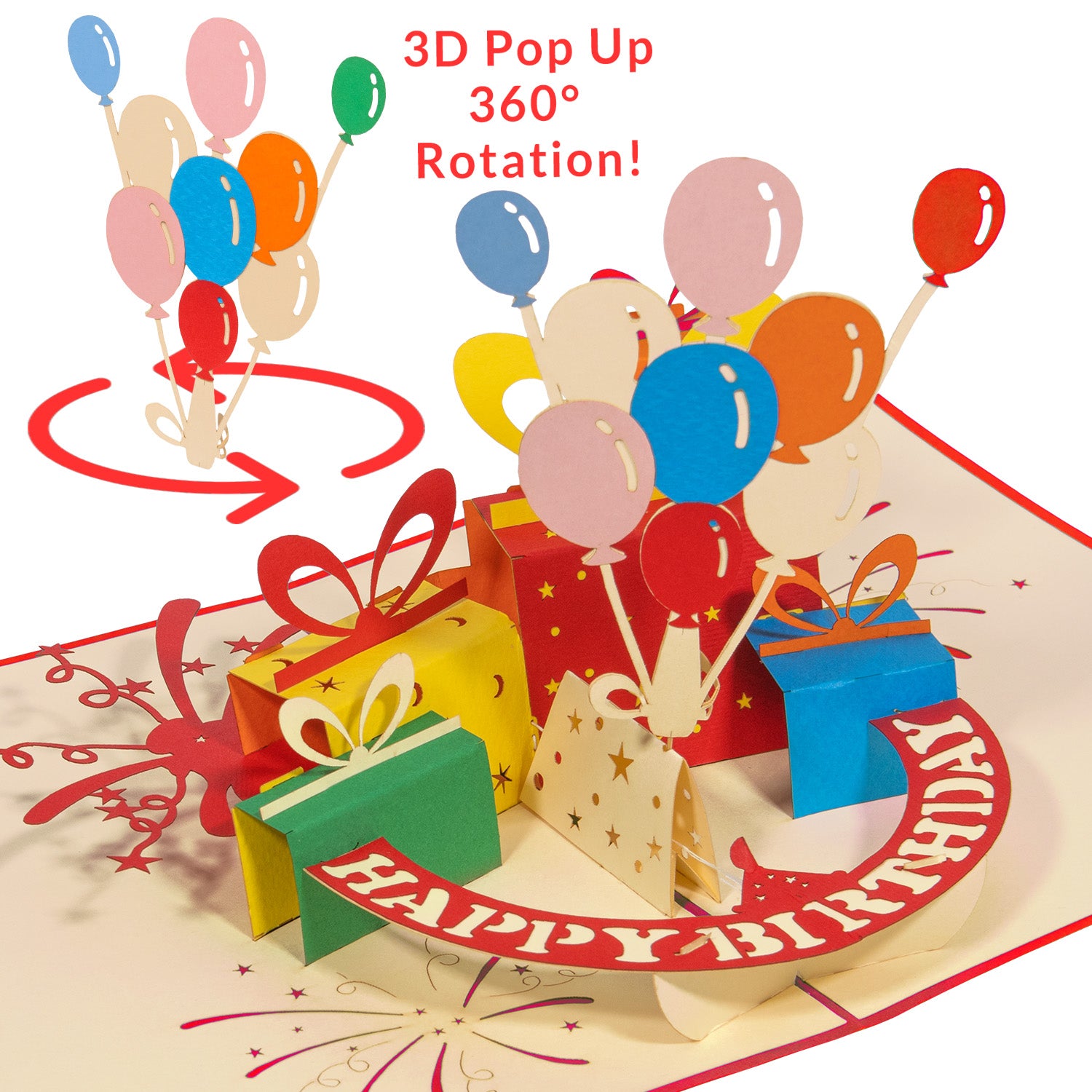 Geburtstagskarte 3D Pop-Up -  Rotierende Luftballons mit Dreh-Effekt, Rot, N188