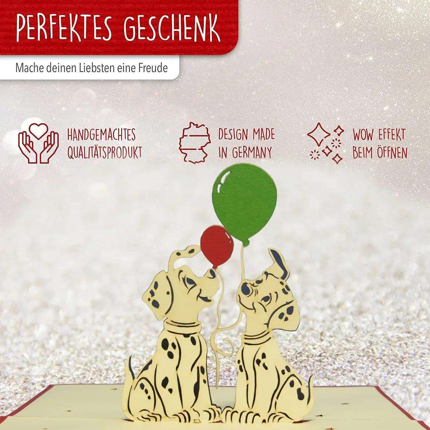 Pop-Up Karte Hunde - 3D Geburtstagskarte Dalmatiner mit Luftballons, N264 - LINPopUp