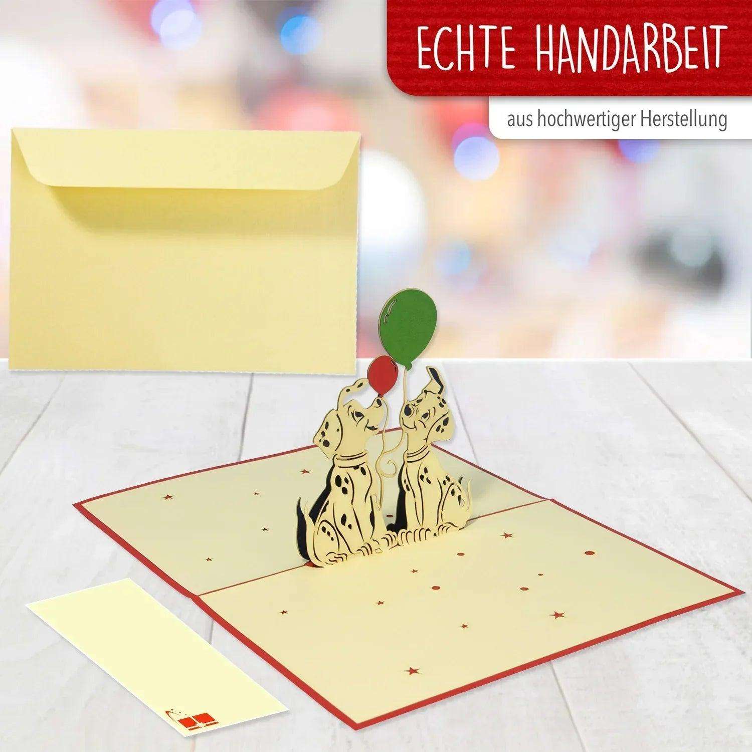 Pop-Up Karte Hunde - 3D Geburtstagskarte Dalmatiner mit Luftballons, N264 - LINPopUp