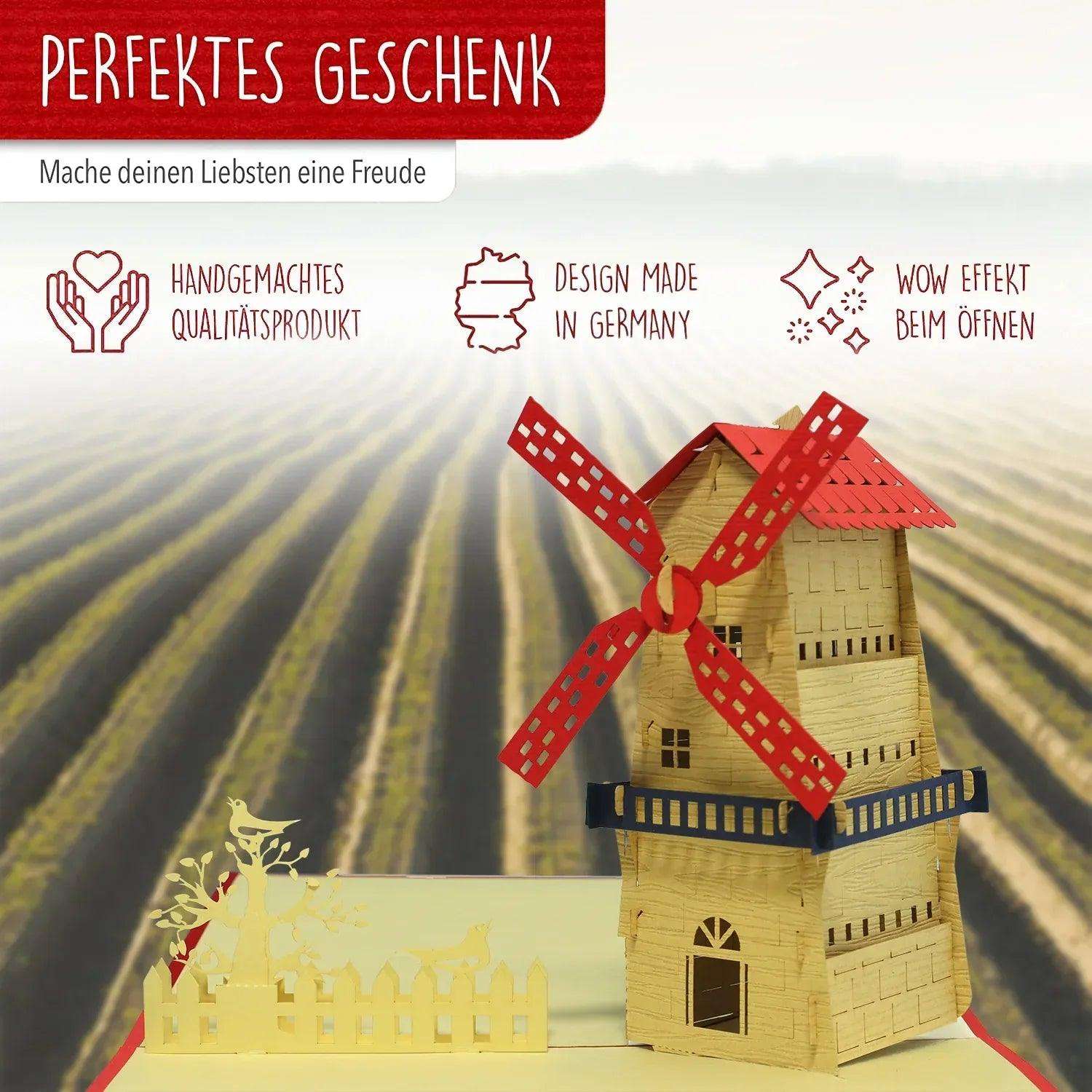 Pop-Up Karte Mühle - 3D Glückwunschkarte Geburtstag Reisegutschein, N185 LINPopUp N185