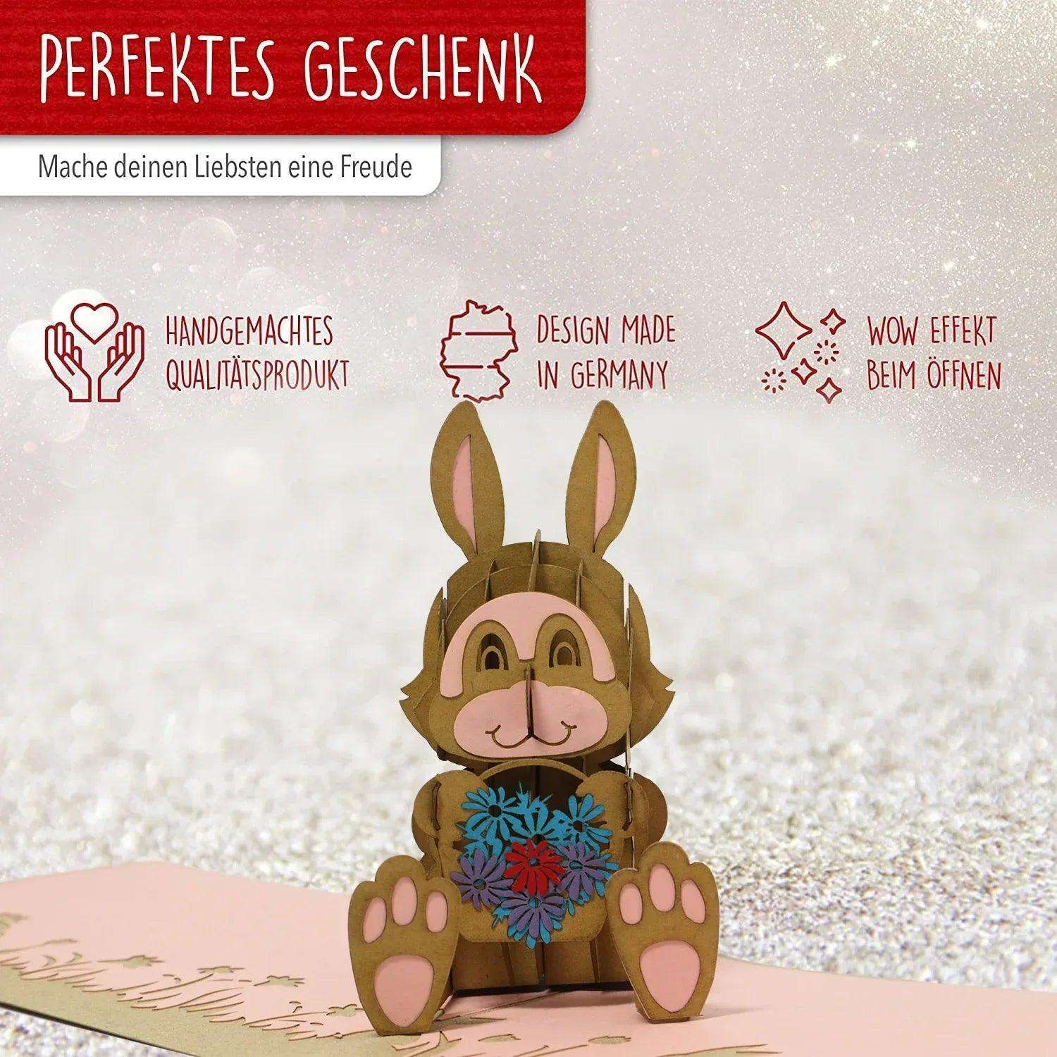 Pop-Up Karte Ostern - 3D Osterhase mit Blumenkorb Osterkarte, N345 - LINPopUp