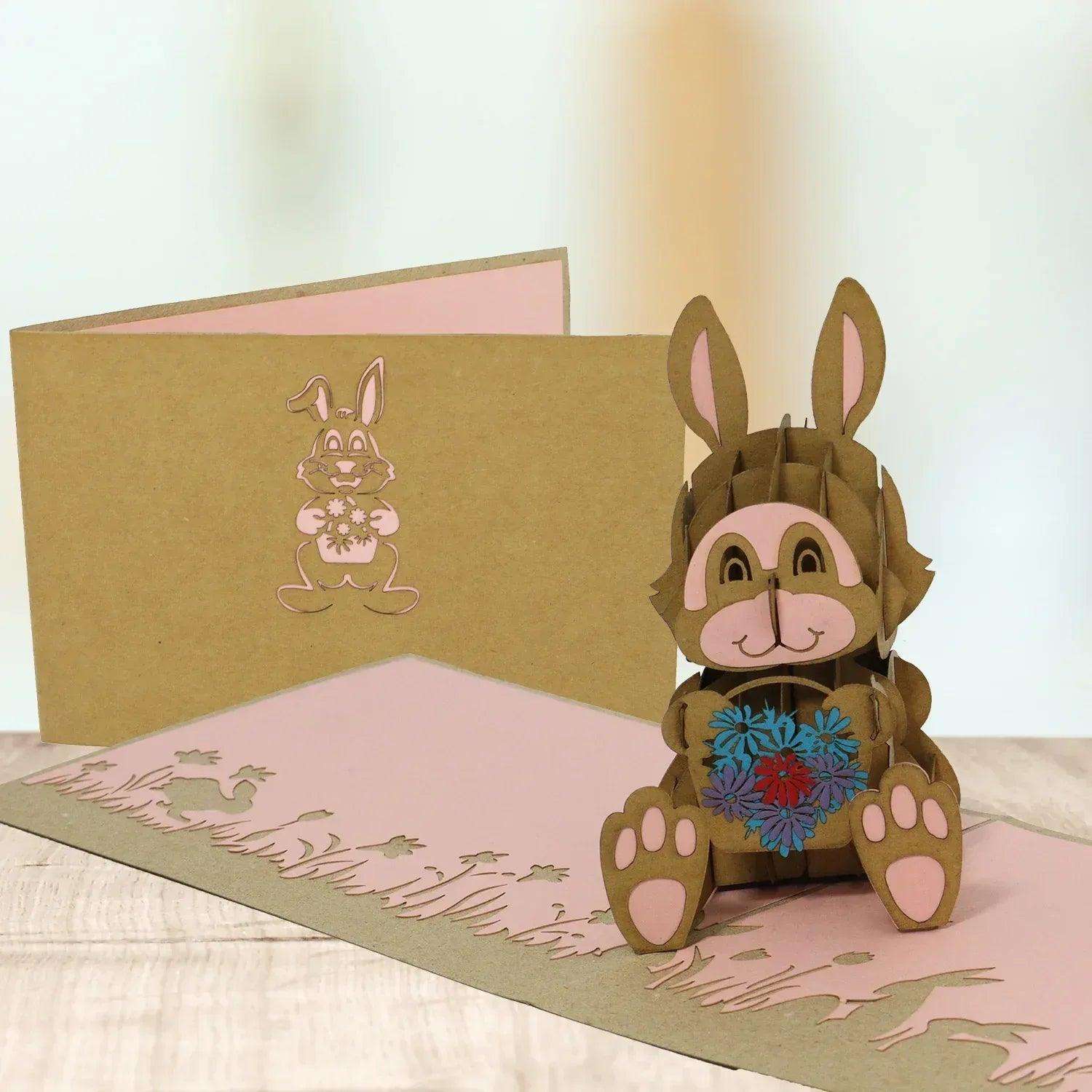 Pop-Up Karte Ostern - 3D Osterhase mit Blumenkorb Osterkarte, N345 - LINPopUp