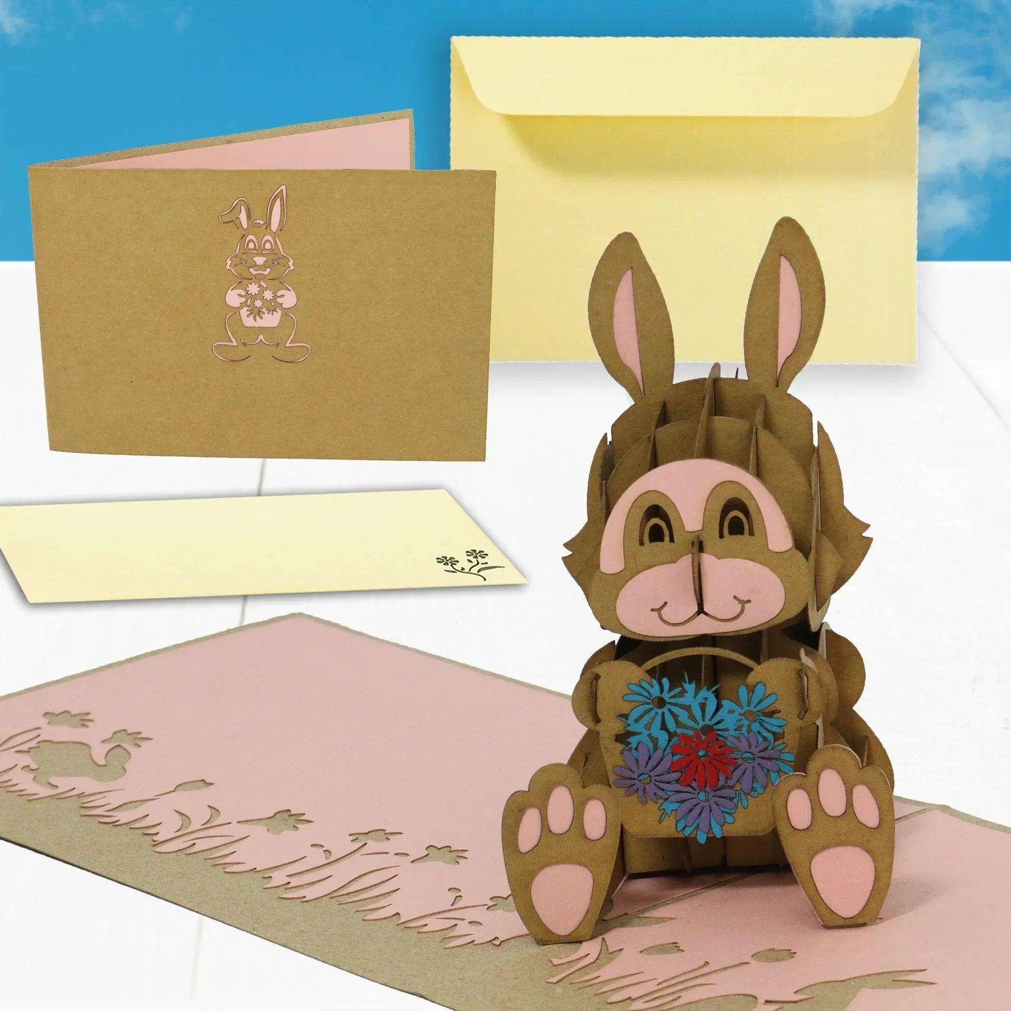 Pop-Up Karte Ostern - 3D Osterhase mit Blumenkorb Osterkarte, N345 - LINPopUp