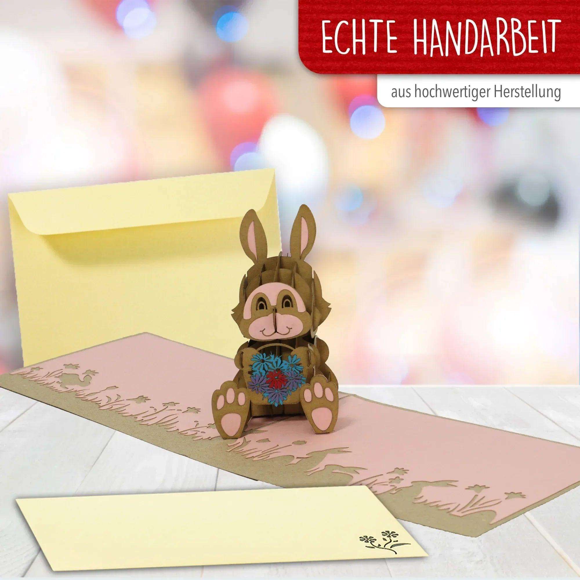 Pop-Up Karte Ostern - 3D Osterhase mit Blumenkorb Osterkarte, N345 - LINPopUp