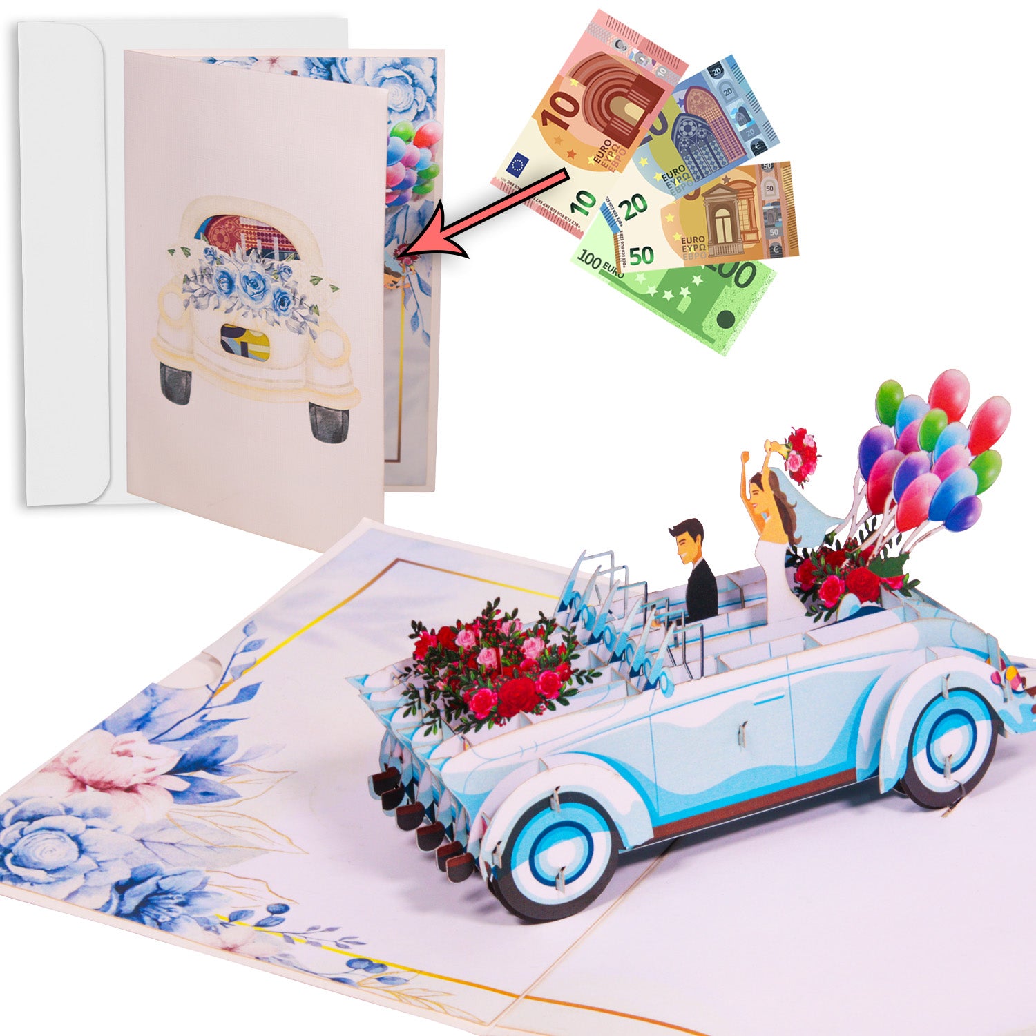 Pop - Up Hochzeitskarte mit Geldfach - Verpackung Geldgeschenk zur Hochzeit, N38