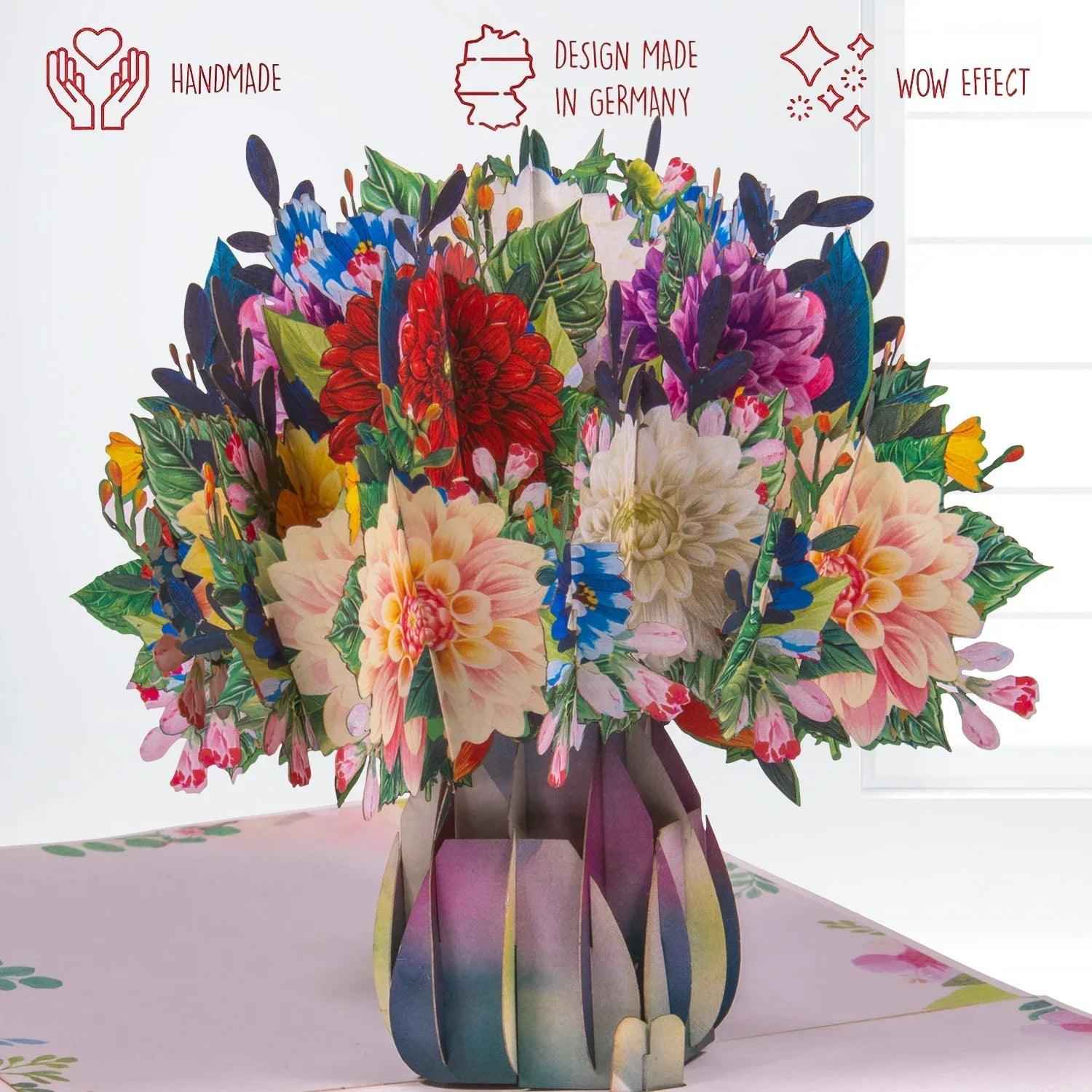 Pop Up Karte 3D Dahlien Blumenstrauß – Grußkarte Geburtstag & Muttertag