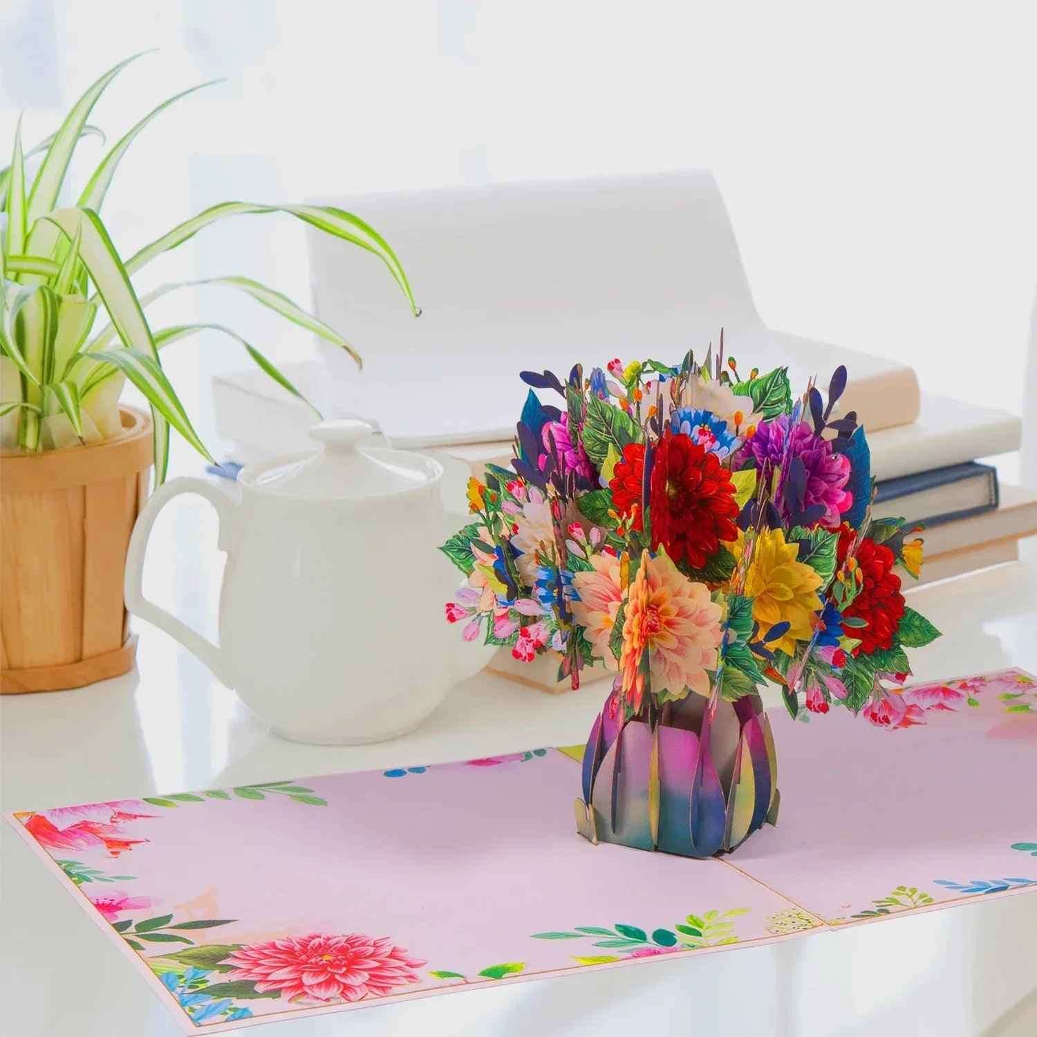 Pop Up Karte 3D Dahlien Blumenstrauß – Grußkarte Geburtstag & Muttertag