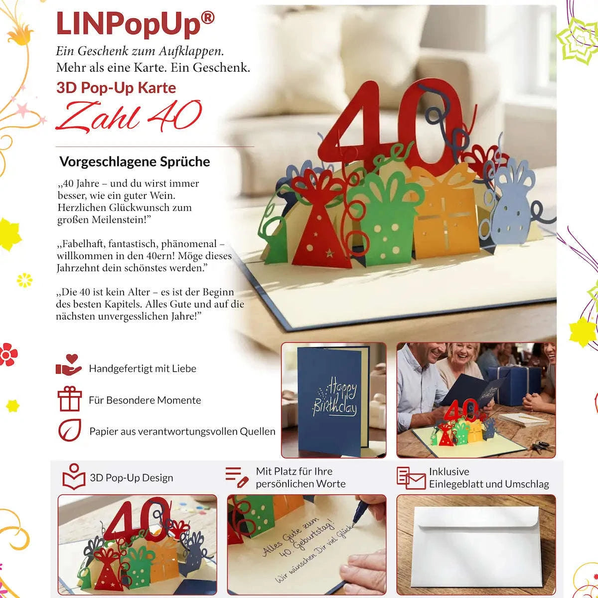 Pop Up Karte 3D Zahl 40 – Geburtstagseinladung & Jubiläum | LINPopUp LINPopUp 17261-N19