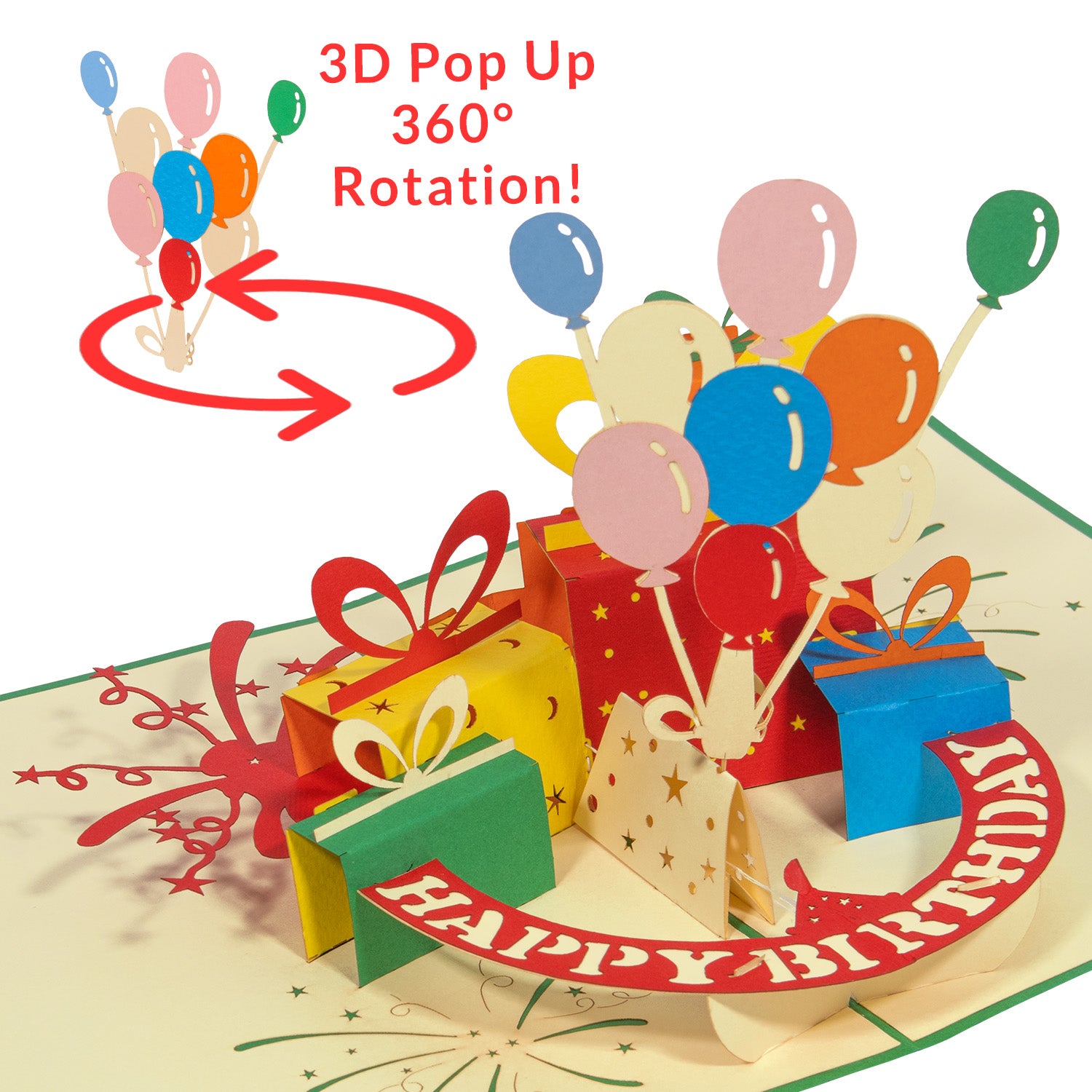 Geburtstagskarte 3D Pop-Up -  Rotierende Luftballons mit Dreh-Effekt, Grün, N195