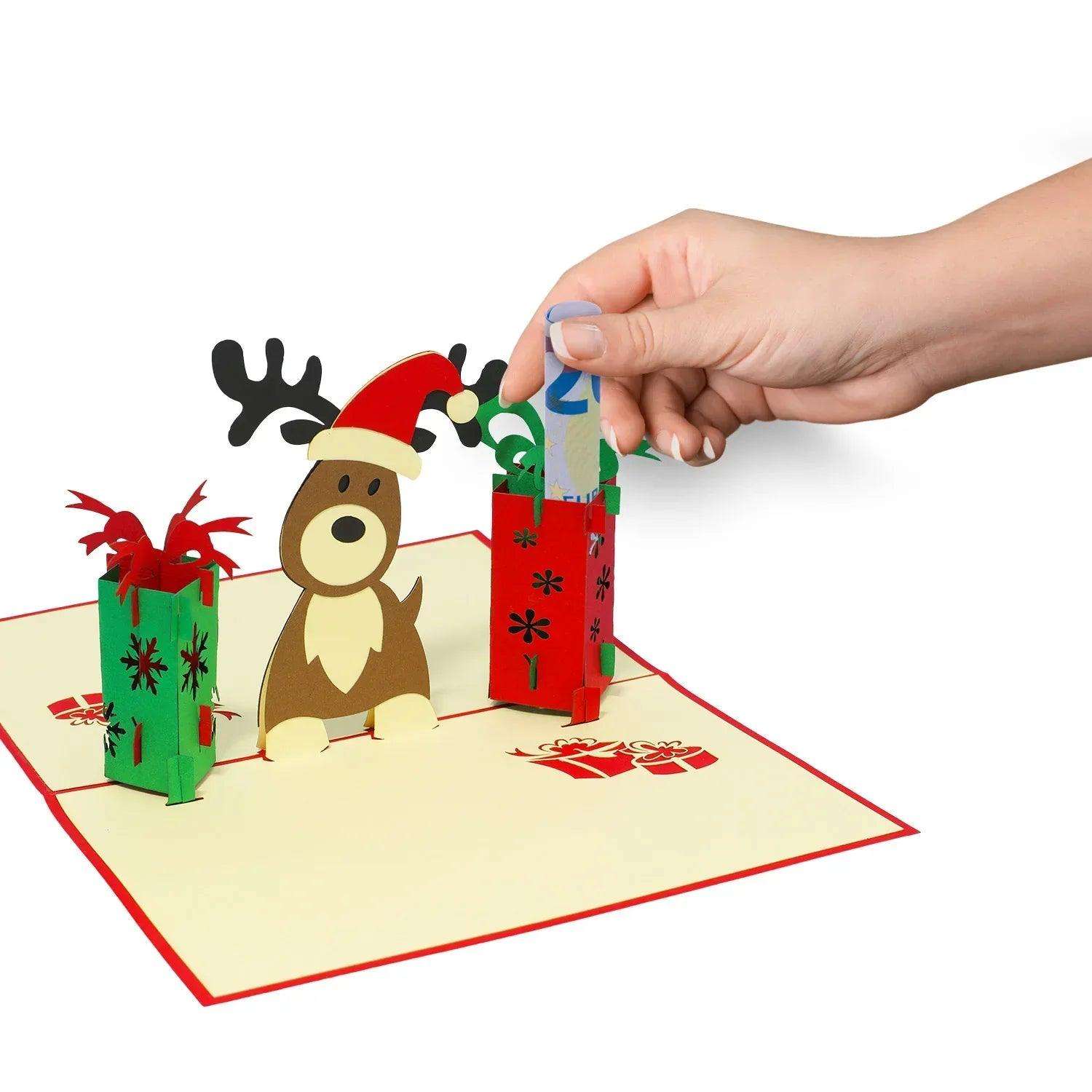 Pop Up Weihnachtskarte 3D - Rentier mit Geschenken, N448 - LINPopUp