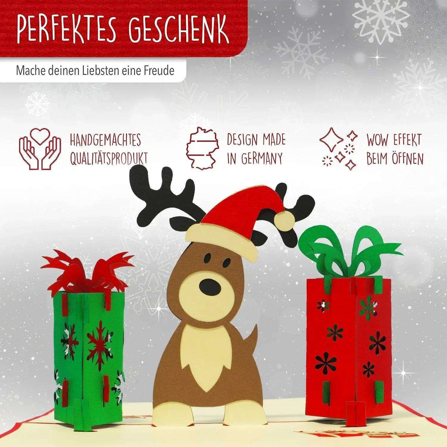 Pop Up Weihnachtskarte 3D - Rentier mit Geschenken, N448 - LINPopUp