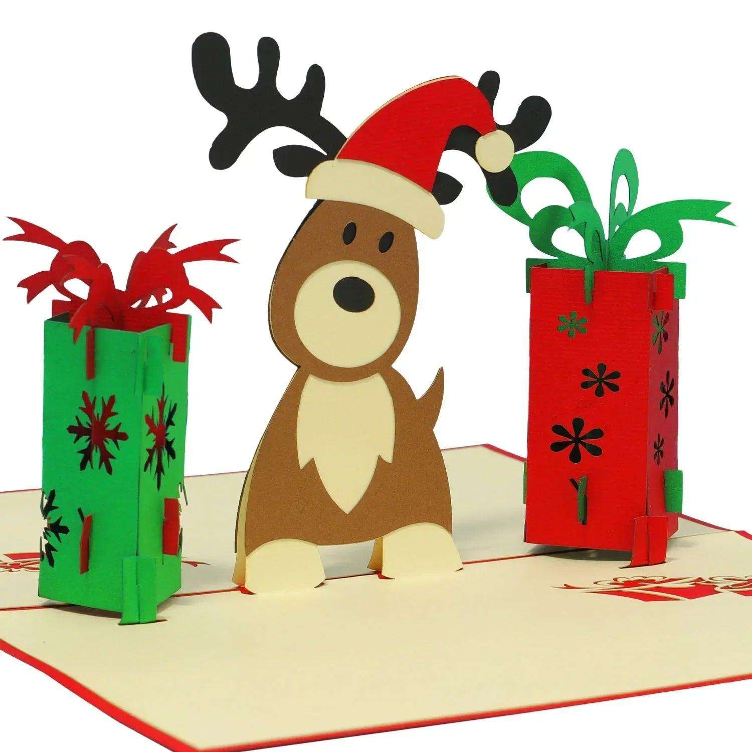 Pop Up Weihnachtskarte 3D - Rentier mit Geschenken, N448 - LINPopUp