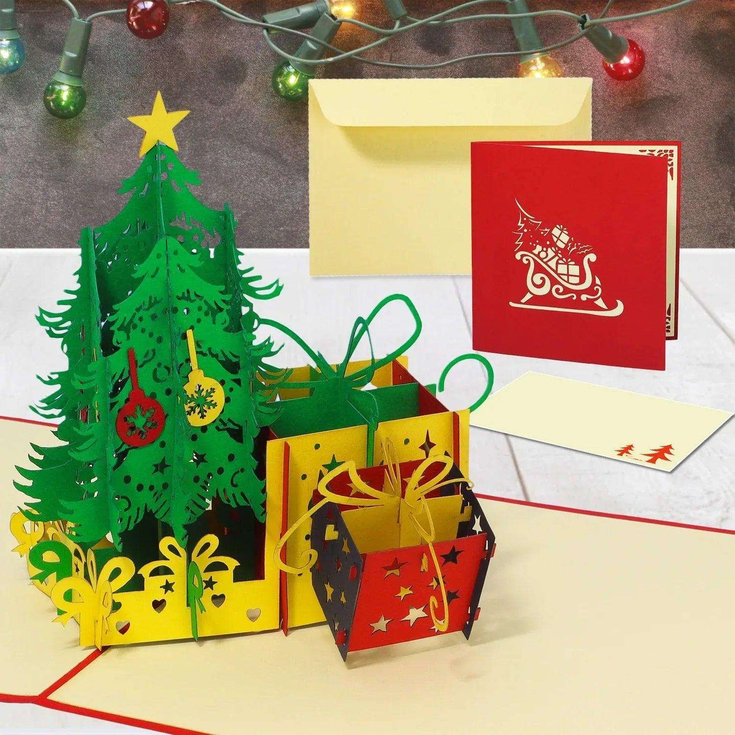 Pop Up Weihnachtskarte 3D - Weihnachtsbaum, Tannenbaum mit Geschenken, N453 - LINPopUp