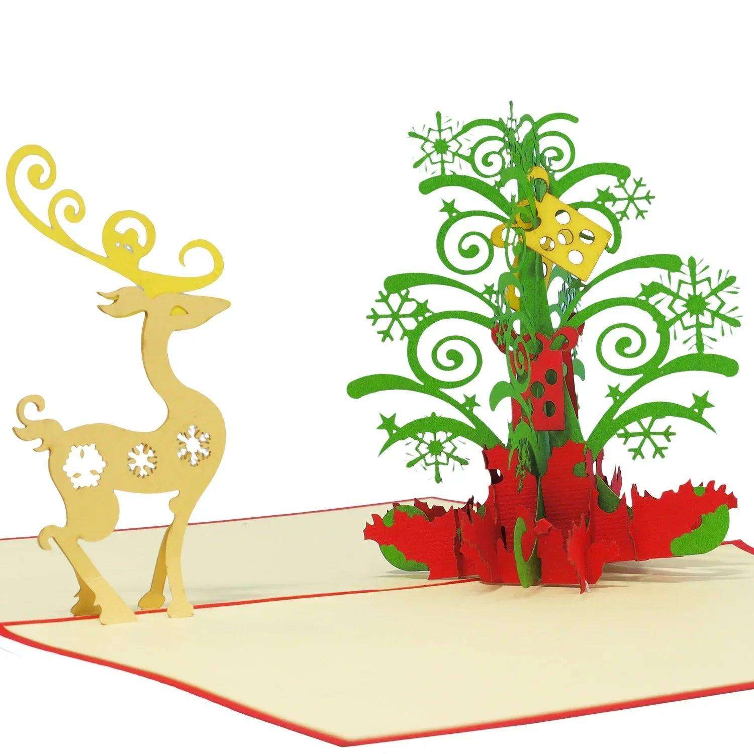 Pop Up Weihnachtskarte 3D - Weihnachtsbaum mit Rentier, Tannenbaum, N451 - LINPopUp