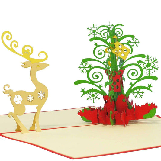 Pop Up Weihnachtskarte 3D - Weihnachtsbaum mit Rentier, Tannenbaum, N451 - LINPopUp