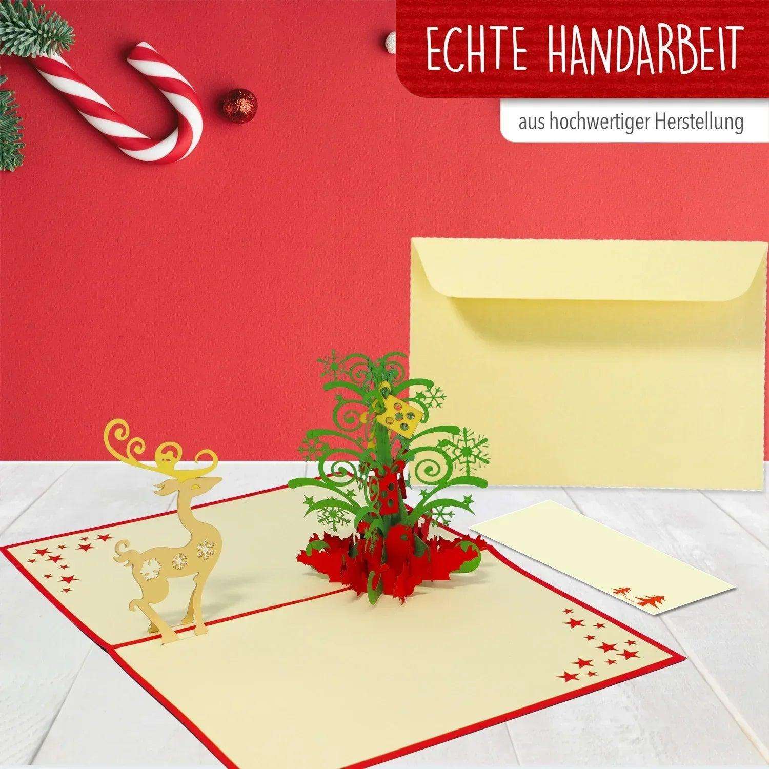 Pop Up Weihnachtskarte 3D - Weihnachtsbaum mit Rentier, Tannenbaum, N451 - LINPopUp