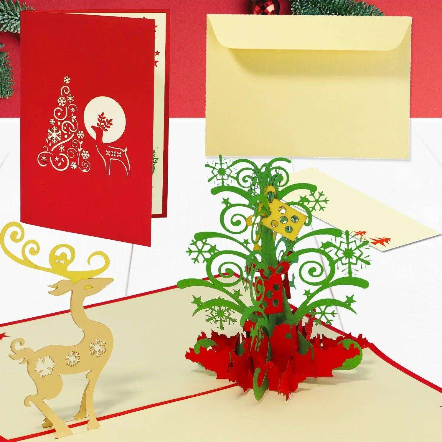 Pop Up Weihnachtskarte 3D - Weihnachtsbaum mit Rentier, Tannenbaum, N451 - LINPopUp