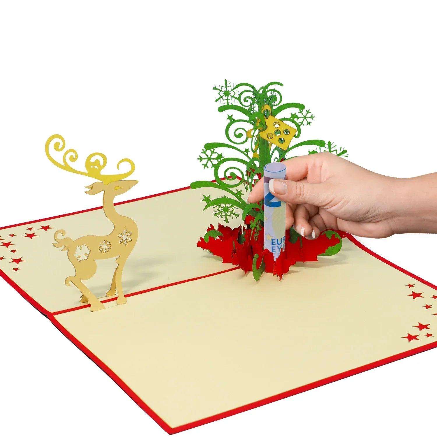 Pop Up Weihnachtskarte 3D - Weihnachtsbaum mit Rentier, Tannenbaum, N451 - LINPopUp