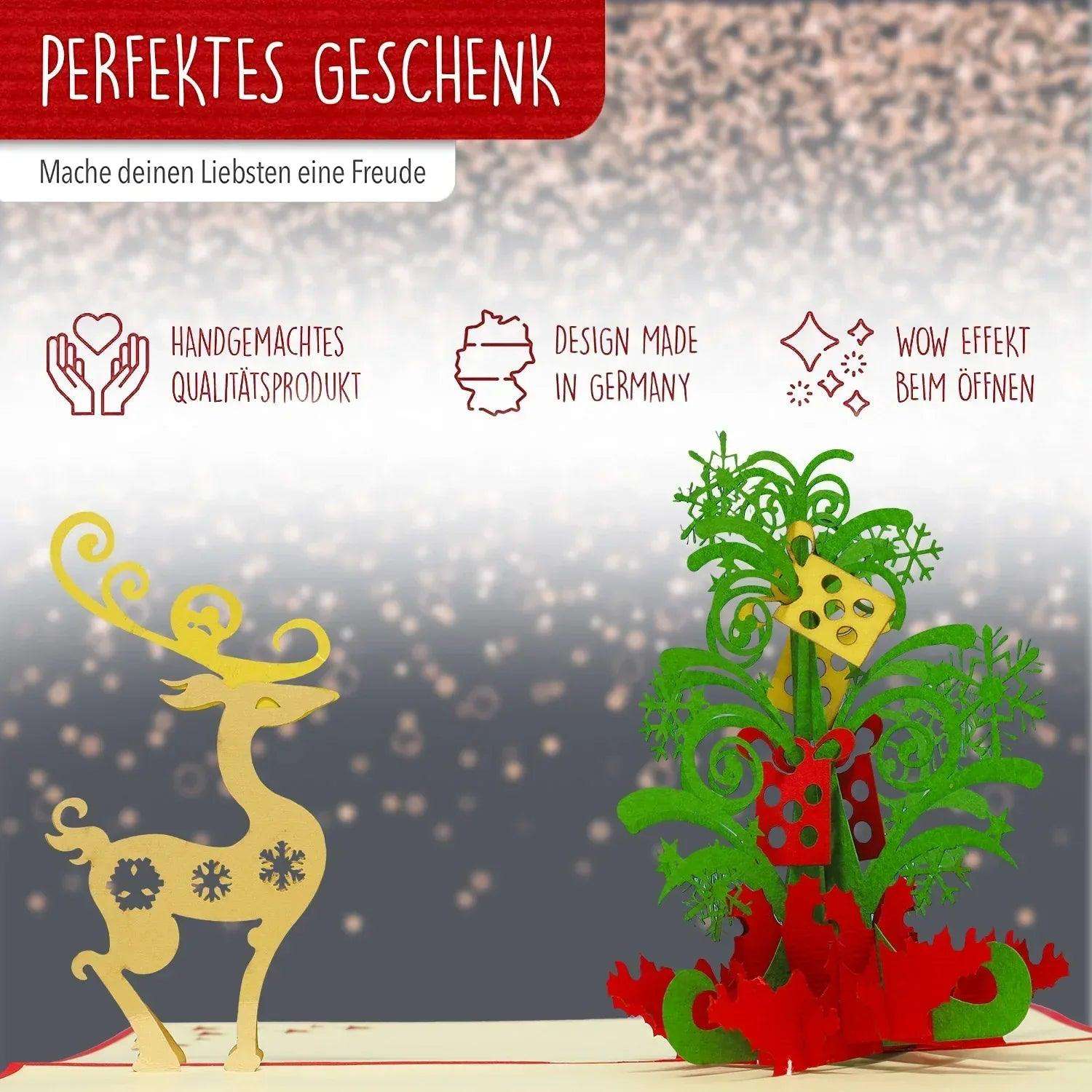 Pop Up Weihnachtskarte 3D - Weihnachtsbaum mit Rentier, Tannenbaum, N451 - LINPopUp