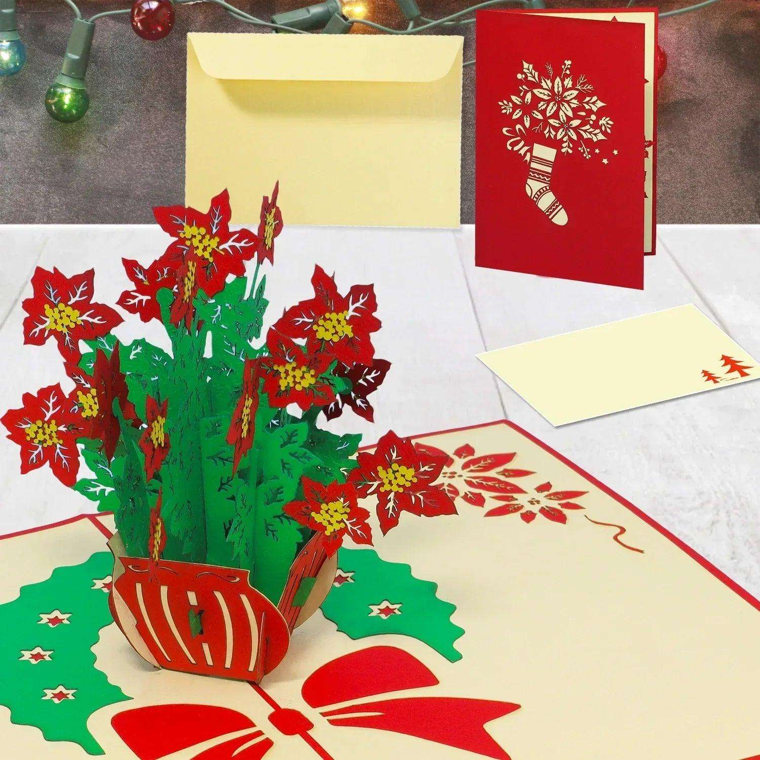 Pop Up Weihnachtskarte 3D - Weihnachtsblumen, Weihnachtssterne, N456 - LINPopUp