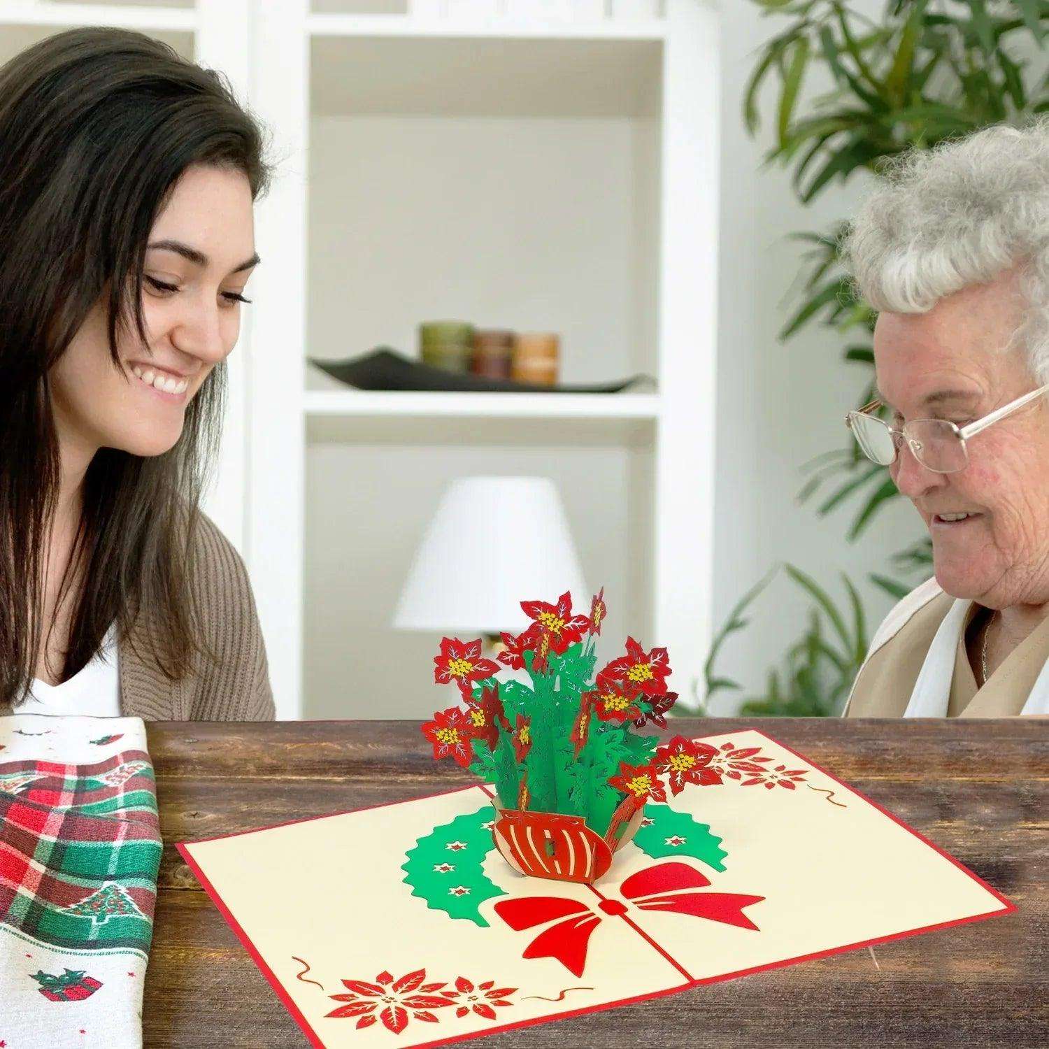 Pop Up Weihnachtskarte 3D - Weihnachtsblumen, Weihnachtssterne, N456 - LINPopUp
